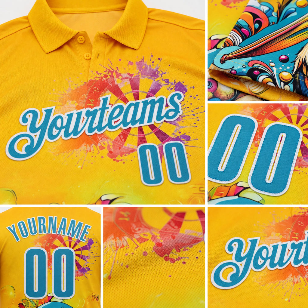 Custom Yellow Panther Blue-White Darts Tropical Pelican Dartboard Performance Polo Shirt detail