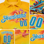 Custom Yellow Panther Blue-White Darts Tropical Pelican Dartboard Performance Polo Shirt detail