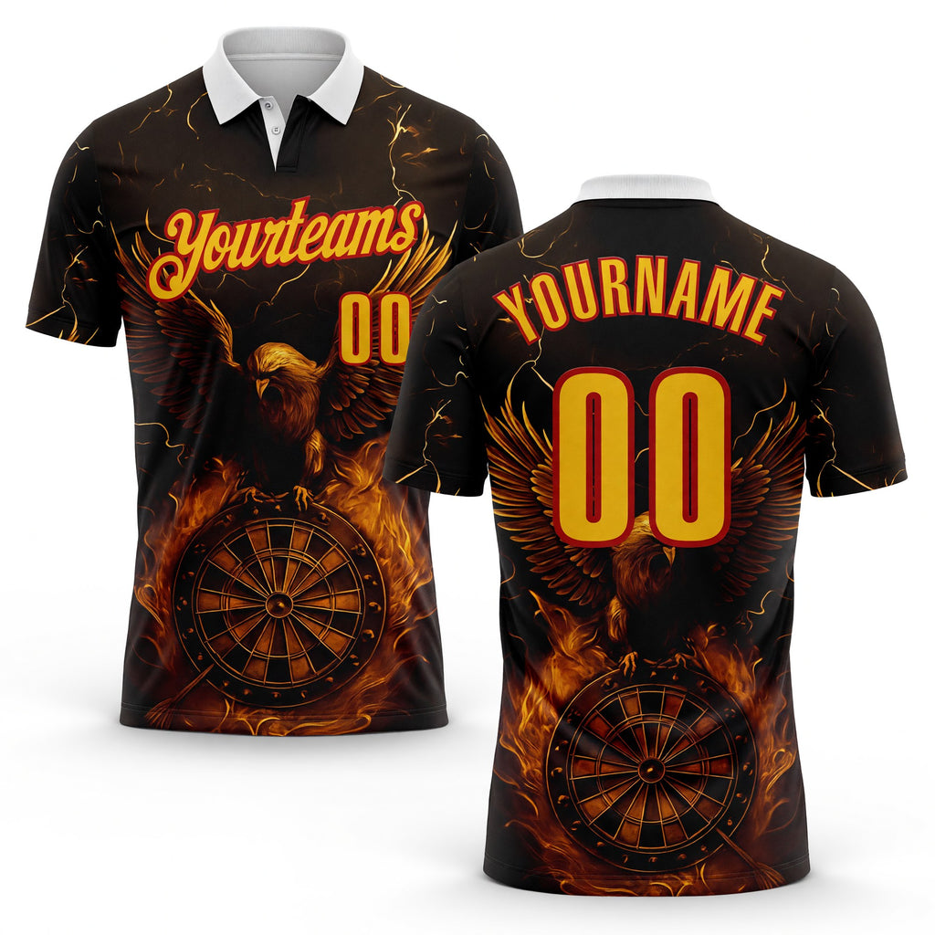 Custom Black Yellow-Red Darts Eagle Fire Dartboard Performance Polo Shirt