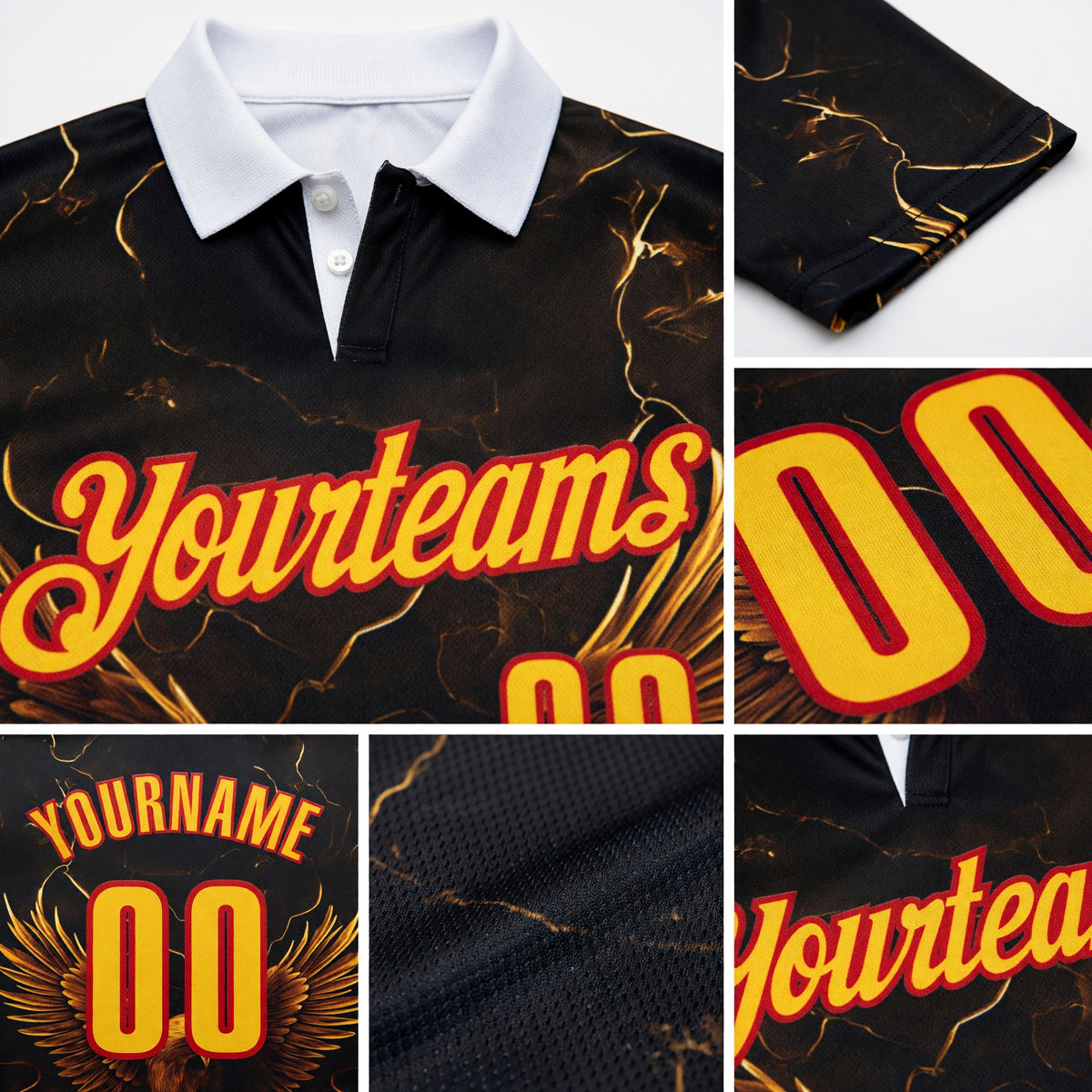 Custom Black Yellow-Red Darts Eagle Fire Dartboard Performance Polo Shirt detail