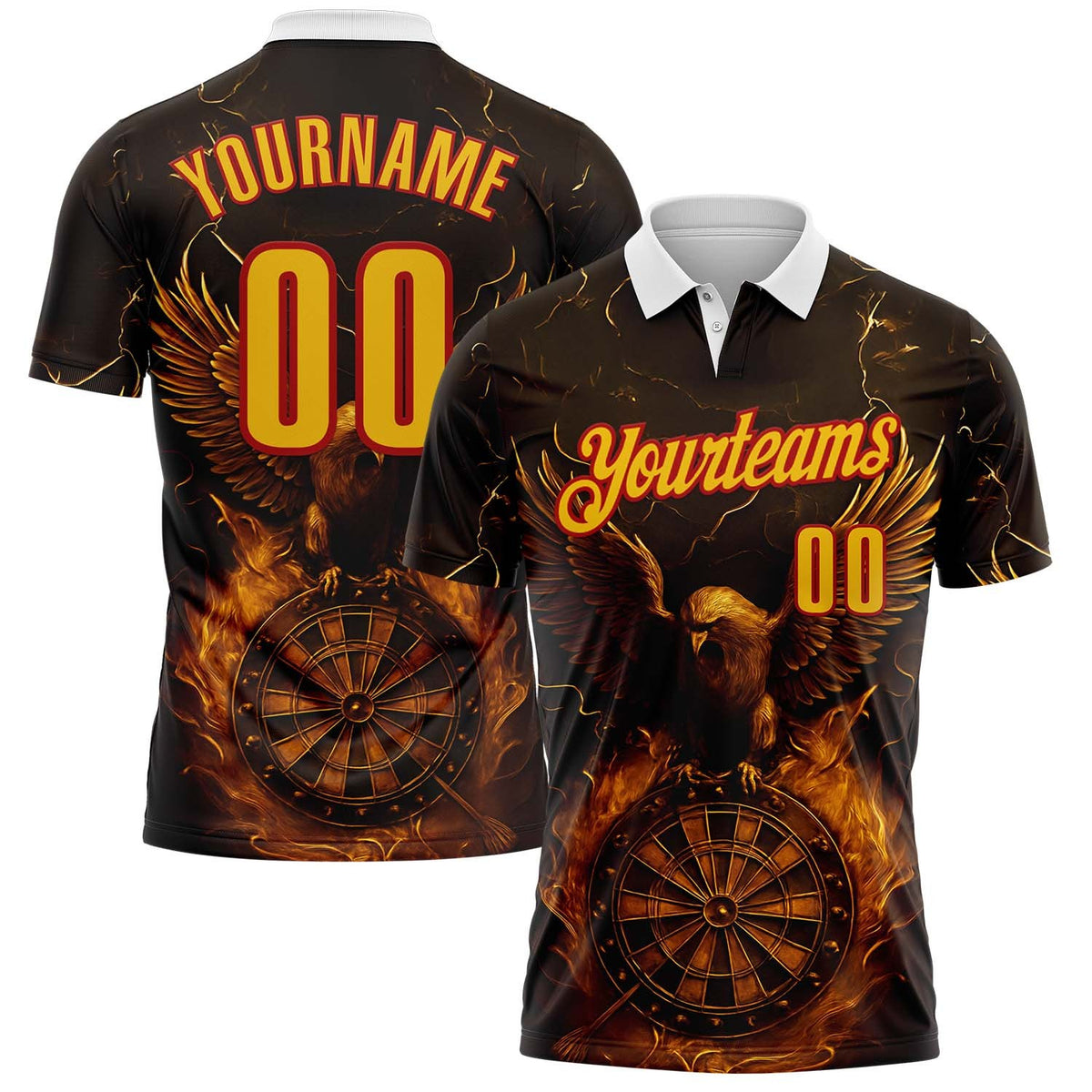 Custom Black Yellow-Red Darts Eagle Fire Dartboard Performance Polo Shirt photo 1