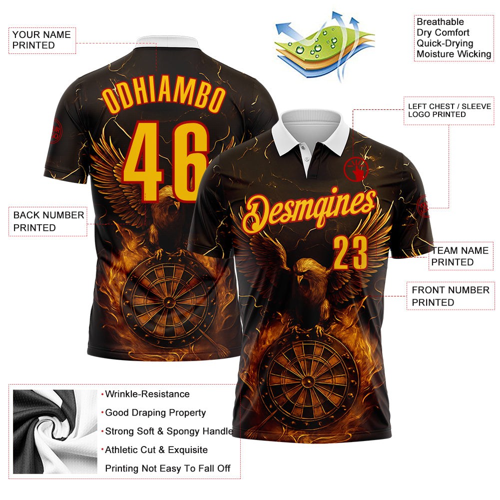 Custom Black Yellow-Red Darts Eagle Fire Dartboard Performance Polo Shirt photo 3
