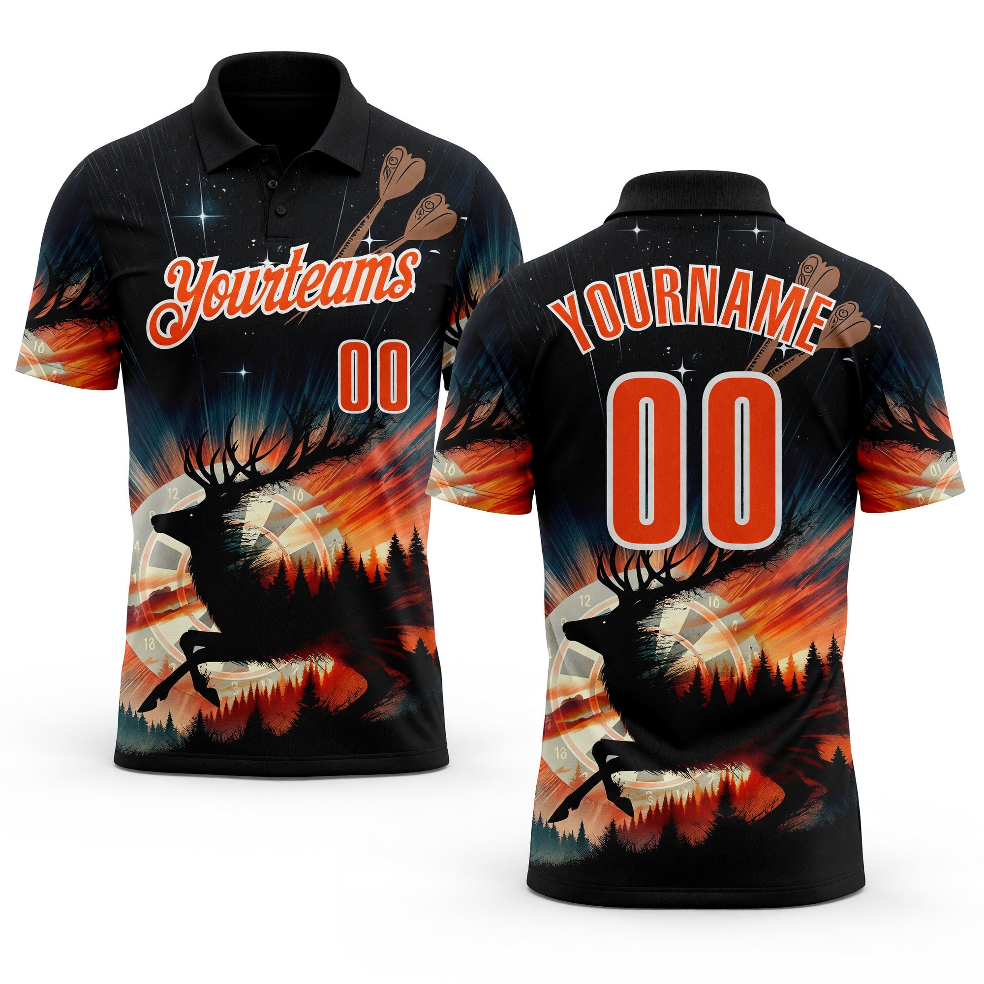 Custom Black Orange-White Darts Deer Dartboard Performance Polo Shirt