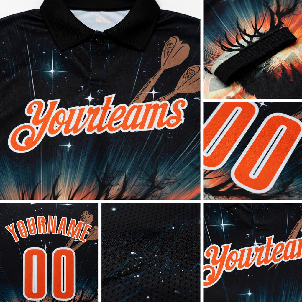 Custom Black Orange-White Darts Deer Dartboard Performance Polo Shirt detail