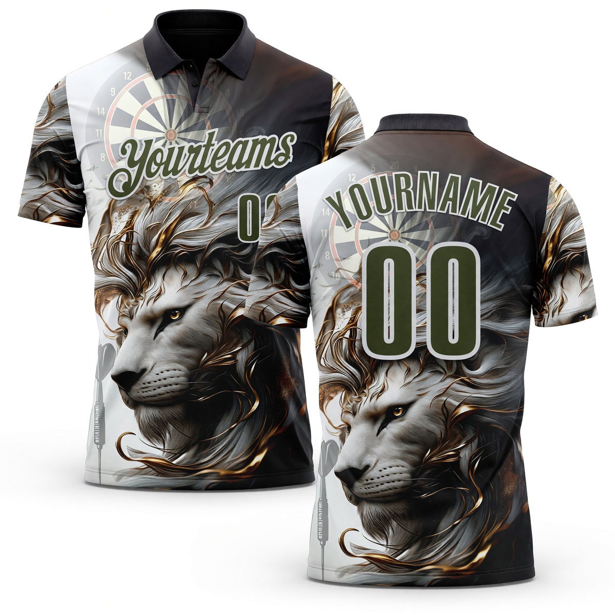 Custom Black Olive Gray-White Darts Lion Dartboard Performance Polo Shirt