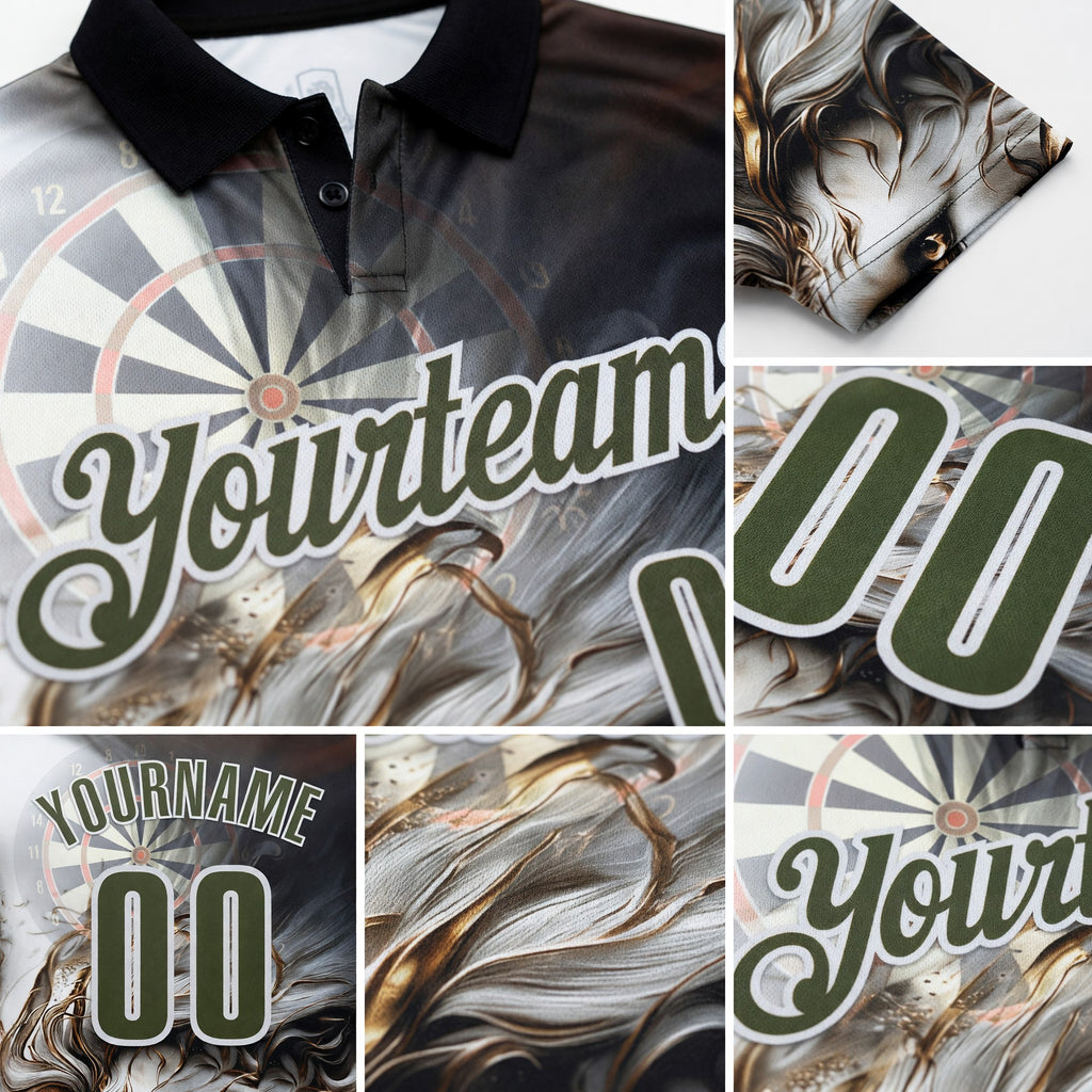 Custom Black Olive Gray-White Darts Lion Dartboard Performance Polo Shirt detail