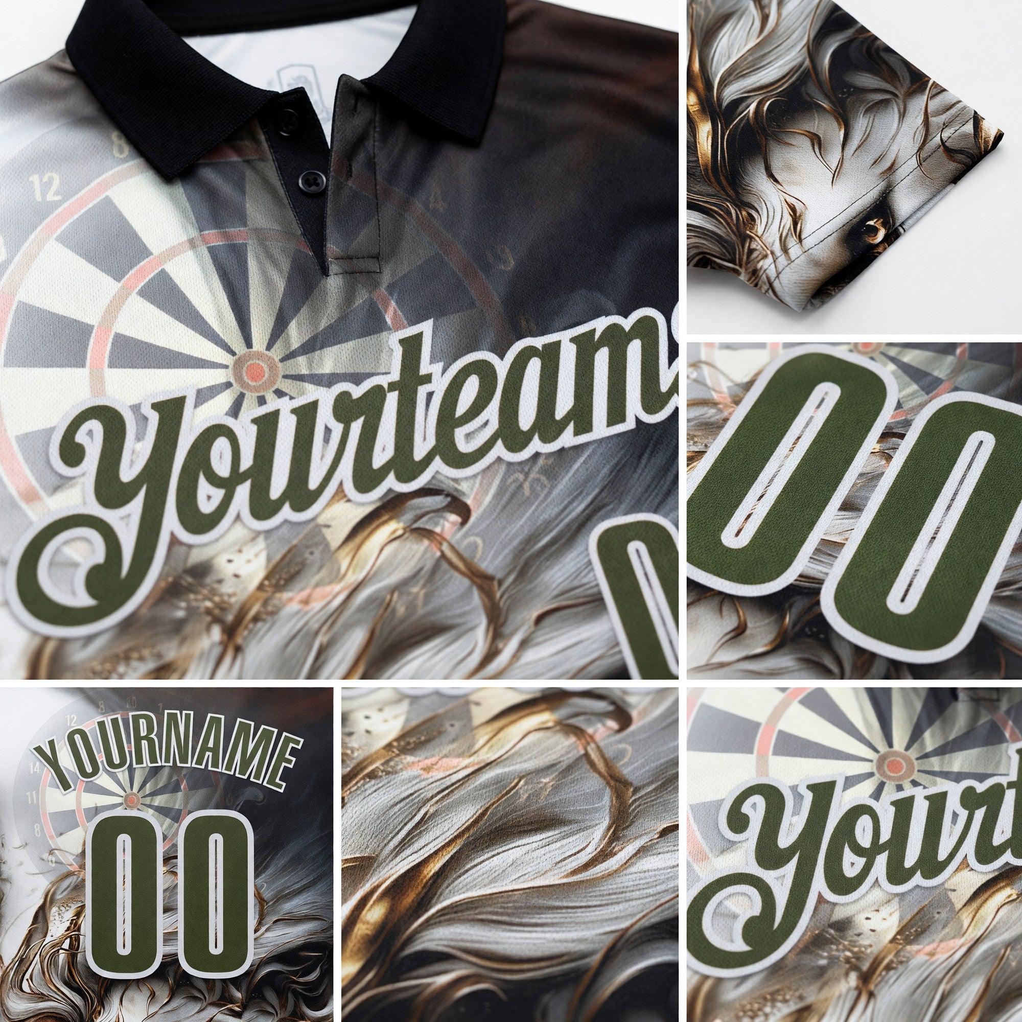 Custom Black Olive Gray-White Darts Lion Dartboard Performance Polo Shirt detail