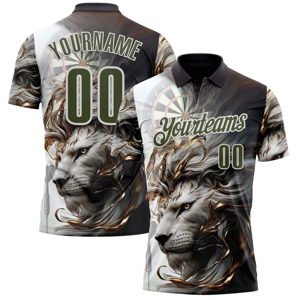 Custom Black Olive Gray-White Darts Lion Dartboard Performance Polo Shirt photo 1