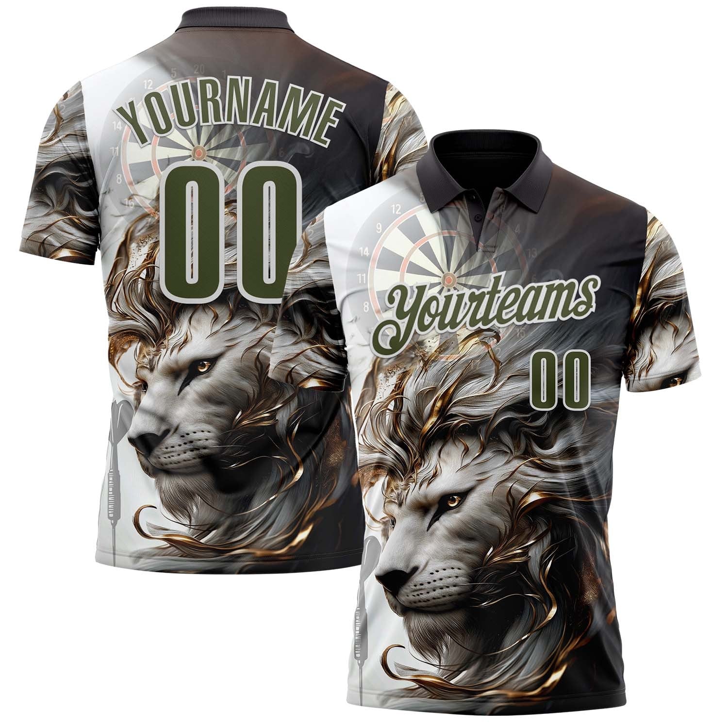 Custom Black Olive Gray-White Darts Lion Dartboard Performance Polo Shirt photo 1