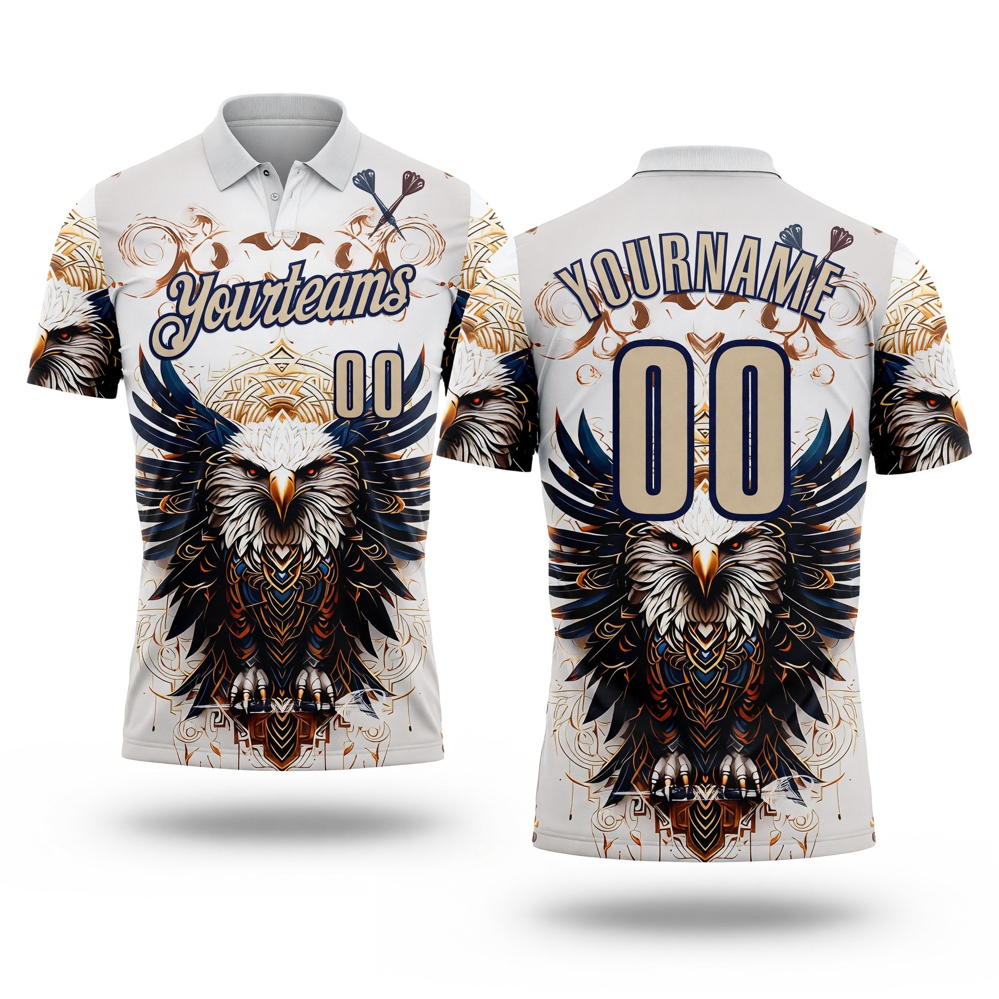 Custom White City Cream-Navy Darts Eagle Dartboard Performance Polo Shirt