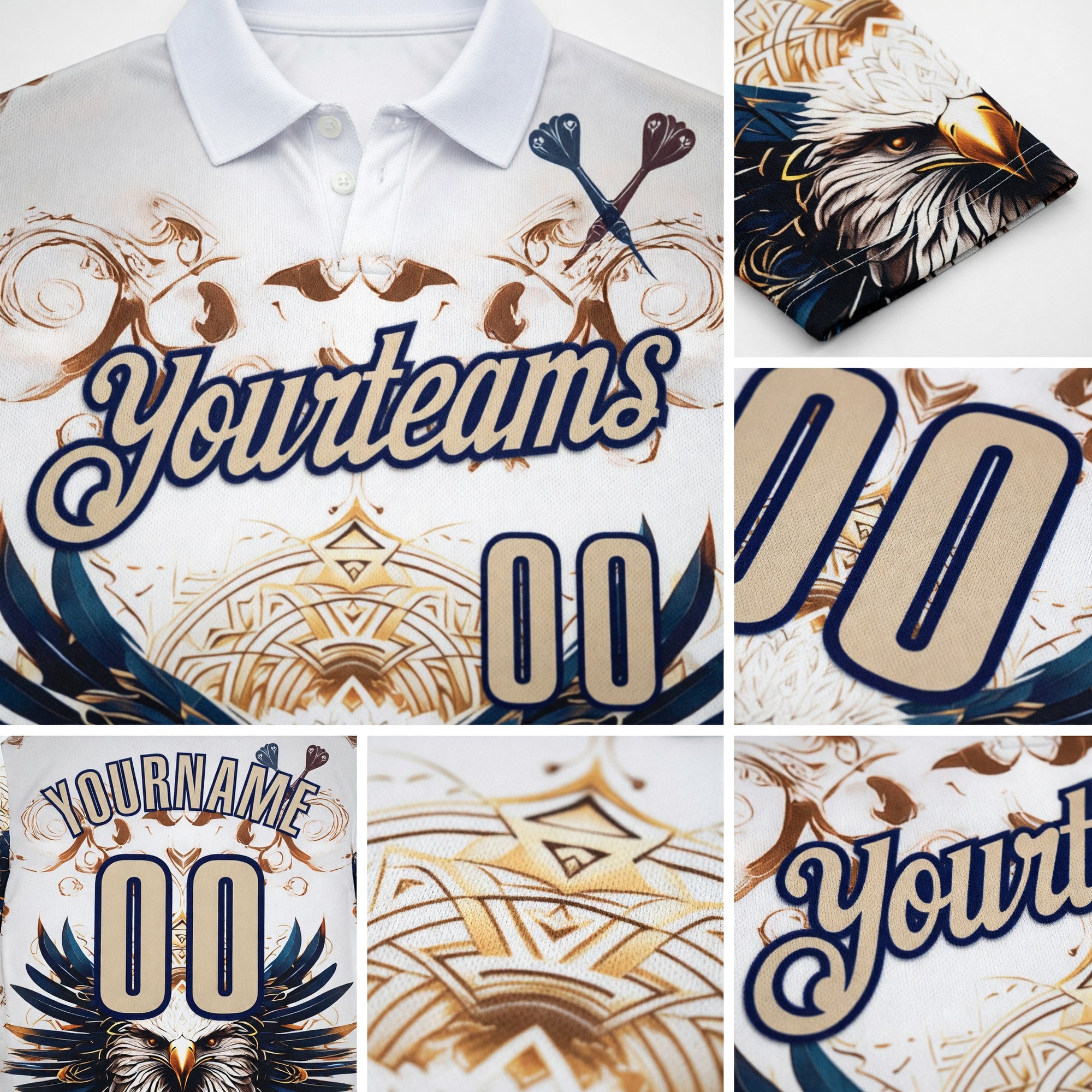 Custom White City Cream-Navy Darts Eagle Dartboard Performance Polo Shirt detail