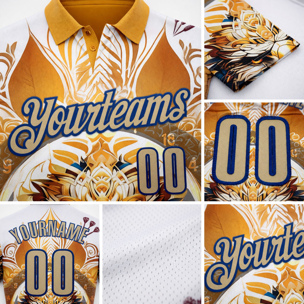 Custom White Vegas Gold Yellow-US Navy Blue Darts Eagle Dartboard Performance Polo Shirt detail