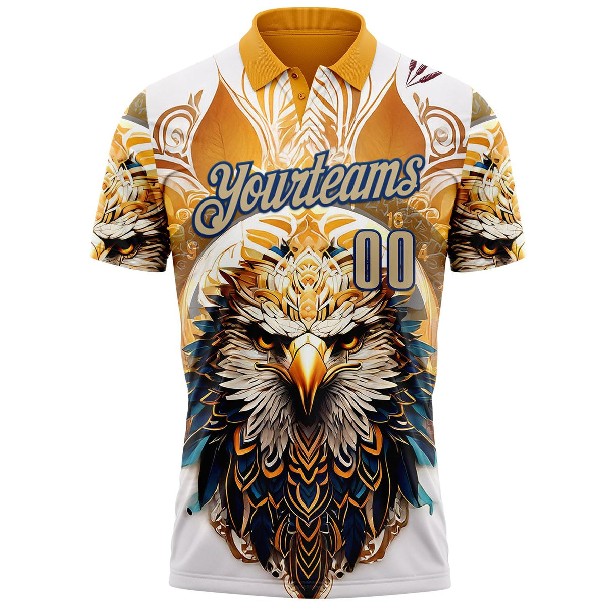 Custom White Vegas Gold Yellow-US Navy Blue Darts Eagle Dartboard Performance Polo Shirt photo 1