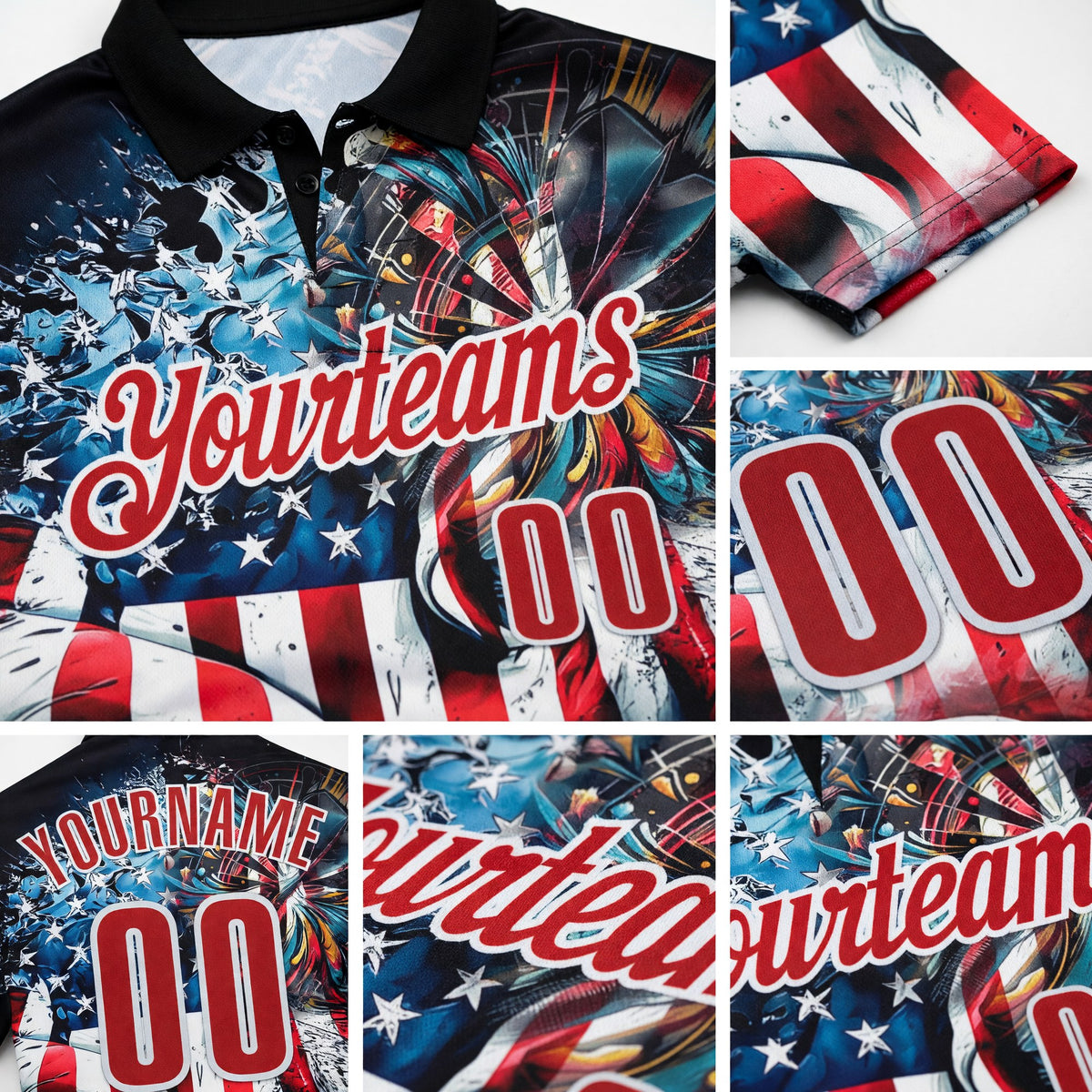 Custom Black Red-White Darts Eagle Dartboard Patriotic American Flag Performance Polo Shirt detail