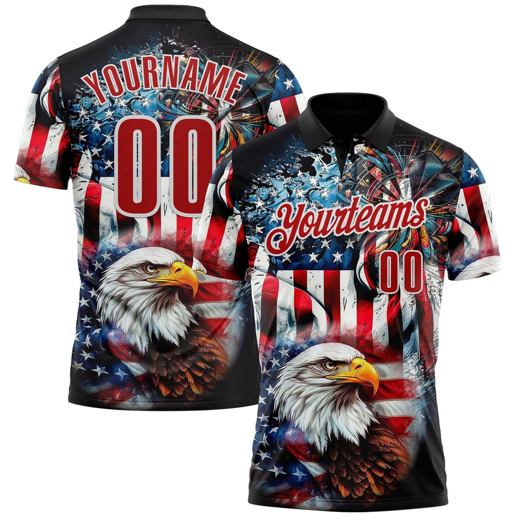 Custom Black Red-White Darts Eagle Dartboard Patriotic American Flag Performance Polo Shirt photo 1