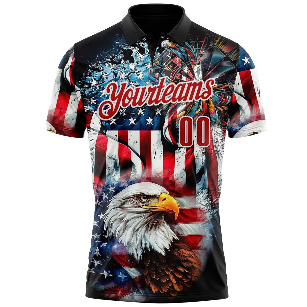 Custom Black Red-White Darts Eagle Dartboard Patriotic American Flag Performance Polo Shirt photo 2