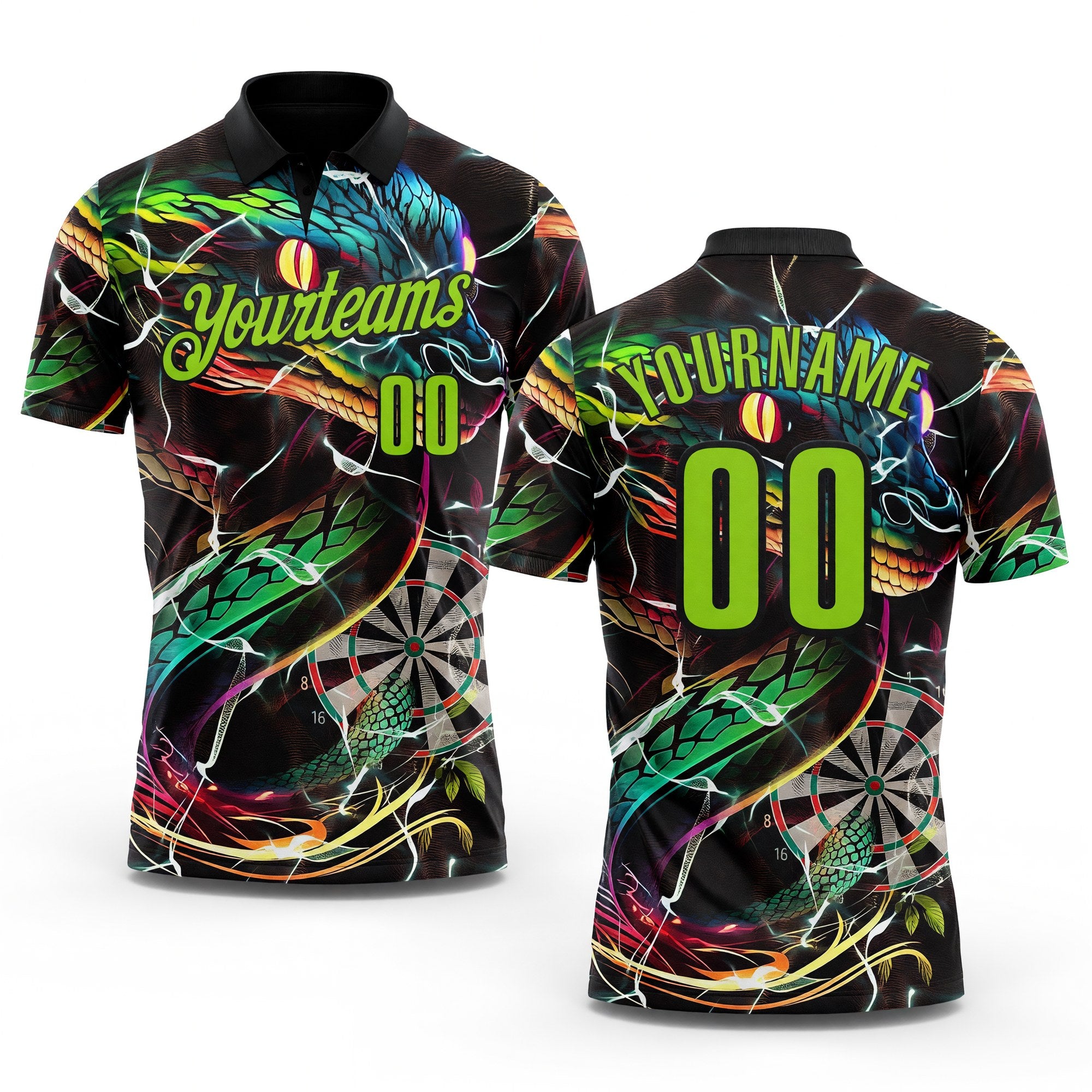 Custom Black-Neon Green Darts Boa Dartboard Performance Polo Shirt