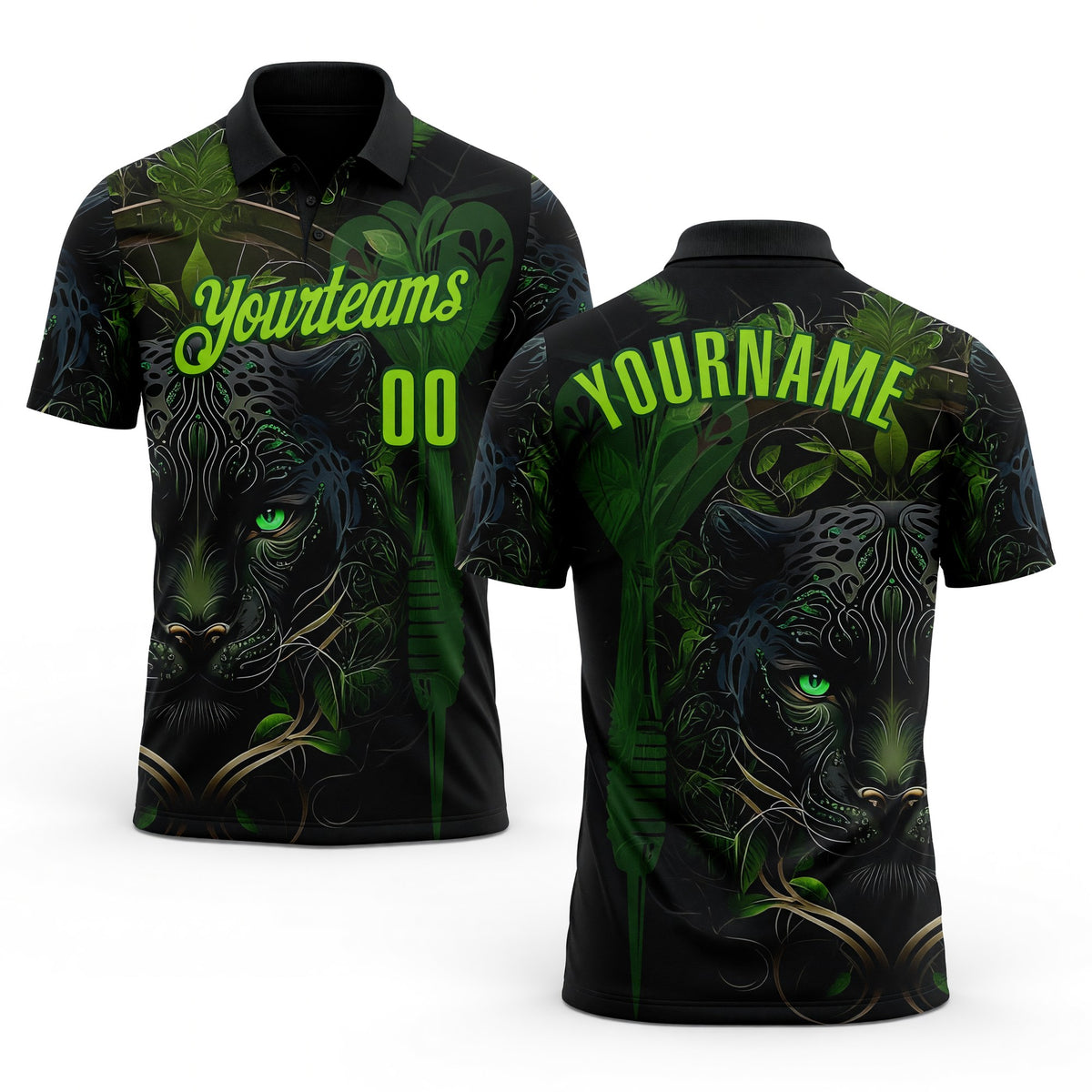 Custom Black Neon Green-Green Darts Panther Dartboard Performance Polo Shirt