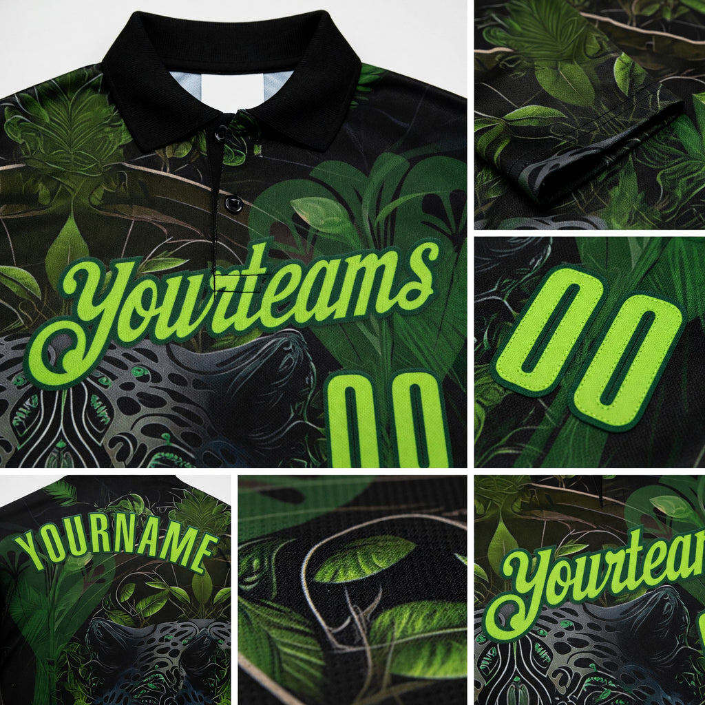 Custom Black Neon Green-Green Darts Panther Dartboard Performance Polo Shirt detail