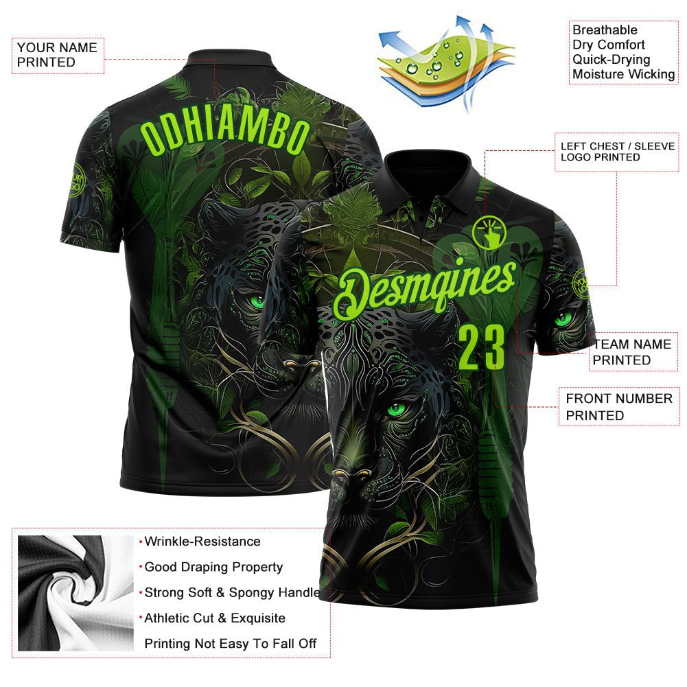 Custom Black Neon Green-Green Darts Panther Dartboard Performance Polo Shirt photo 3