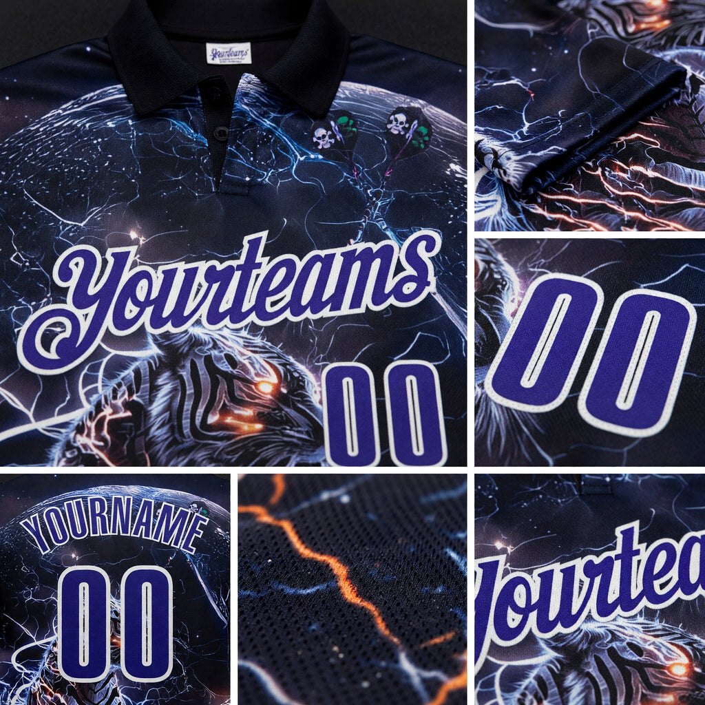 Custom Black Dark Purple-White Darts Lightning Tiger Dartboard Performance Polo Shirt detail