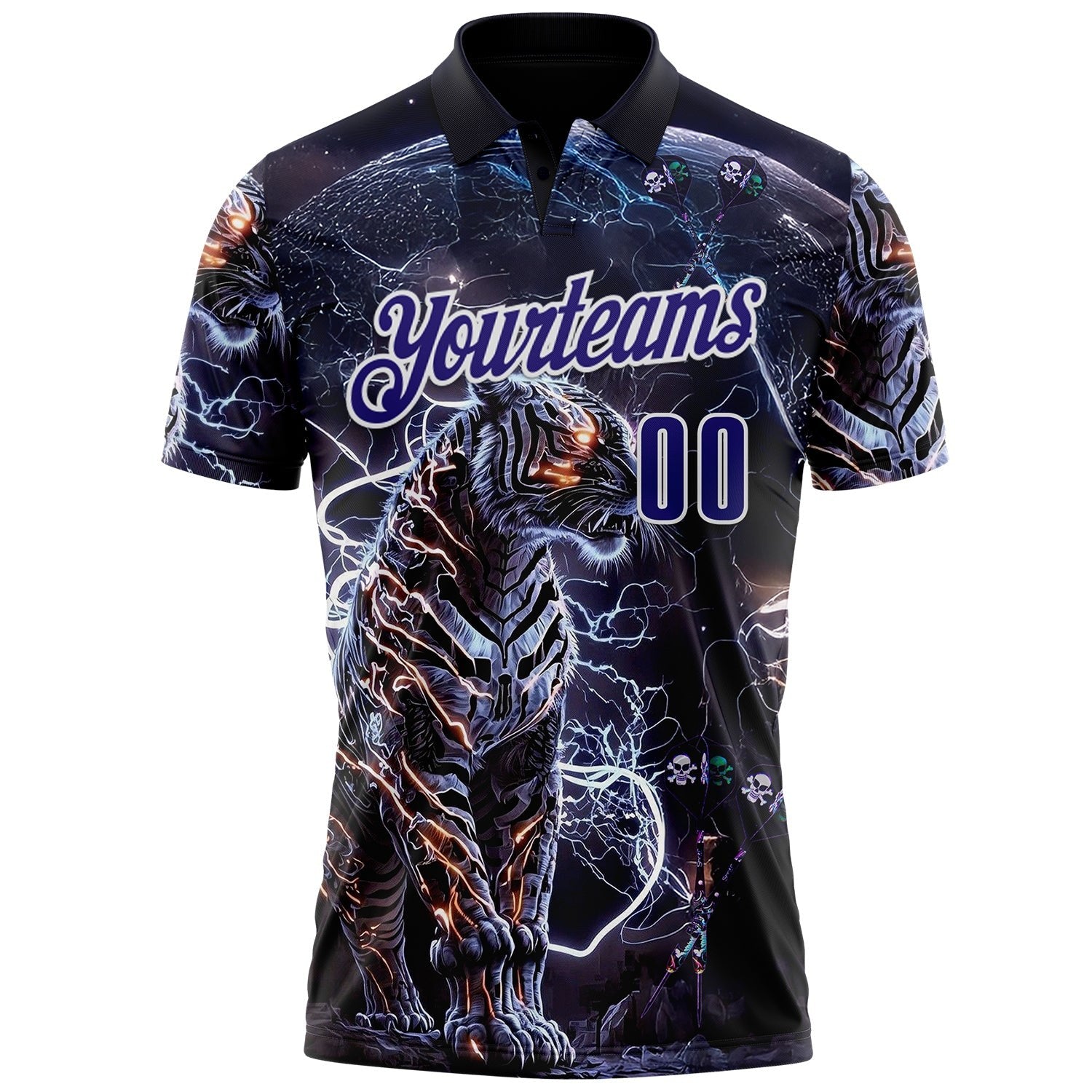 Custom Black Dark Purple-White Darts Lightning Tiger Dartboard Performance Polo Shirt photo 2