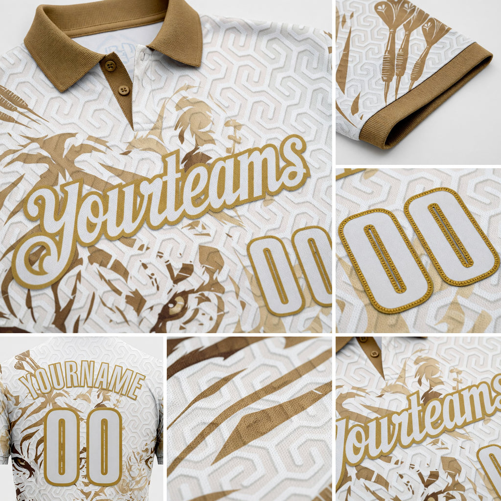 Custom White-Old Gold Darts Tiger Dartboard Performance Polo Shirt detail