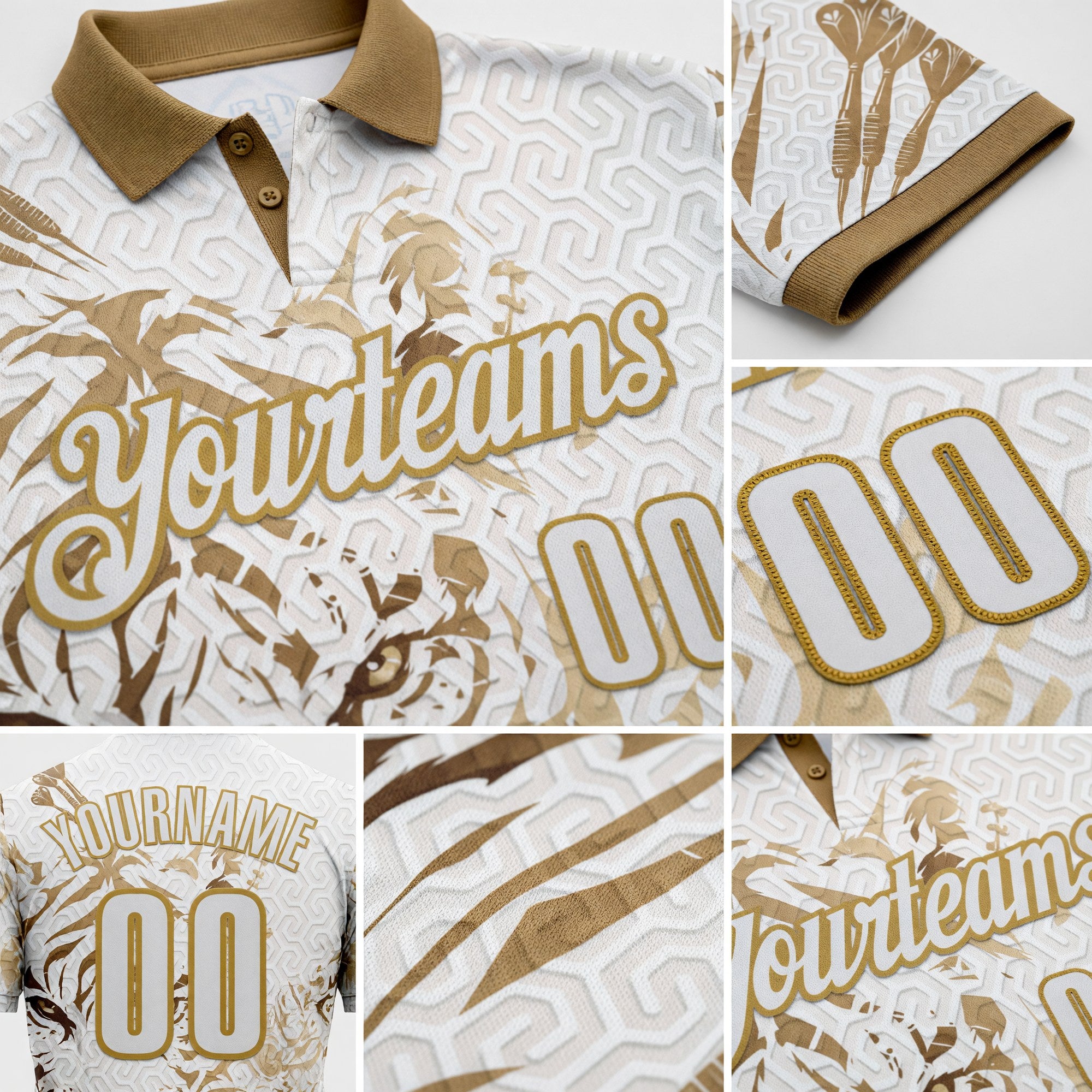 Custom White-Old Gold Darts Tiger Dartboard Performance Polo Shirt detail