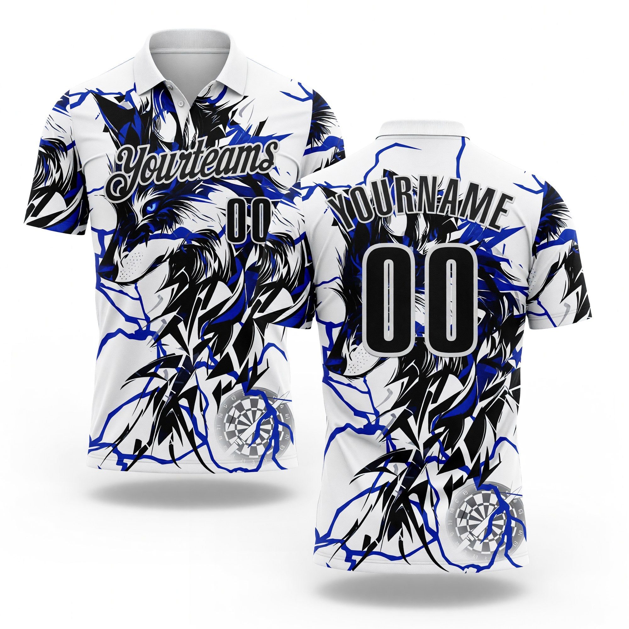 Custom White-Black Darts Wolf Dartboard Performance Polo Shirt