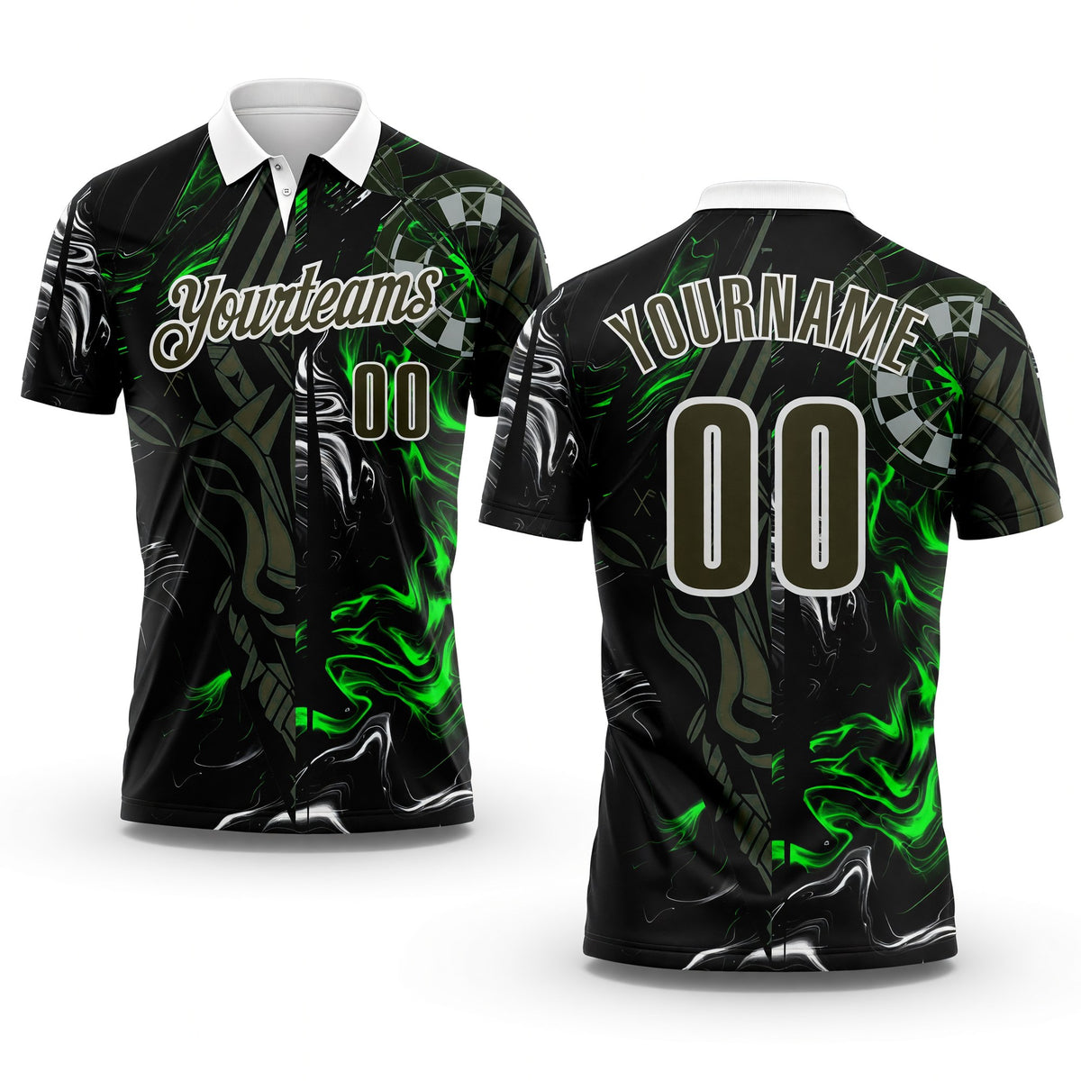 Custom Black Olive Green-White Darts Gothic Deer Dartboard Performance Polo Shirt