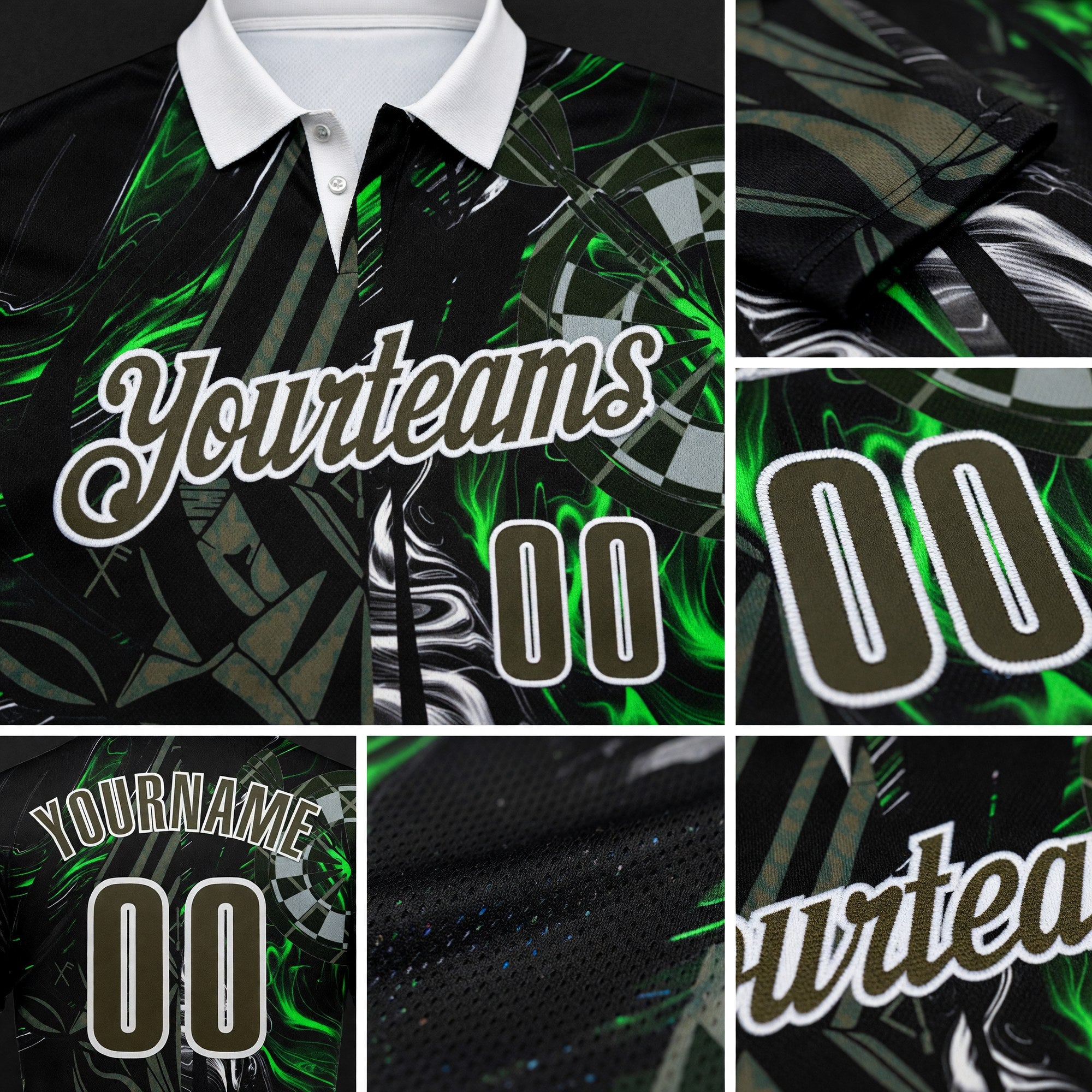 Custom Black Olive Green-White Darts Gothic Deer Dartboard Performance Polo Shirt detail