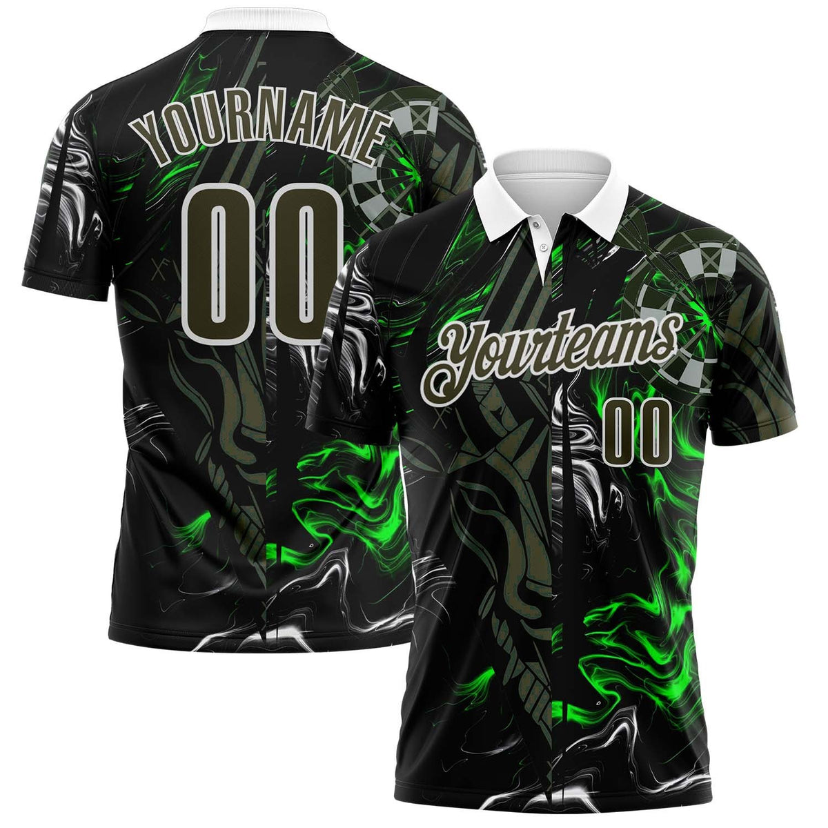 Custom Black Olive Green-White Darts Gothic Deer Dartboard Performance Polo Shirt photo 1