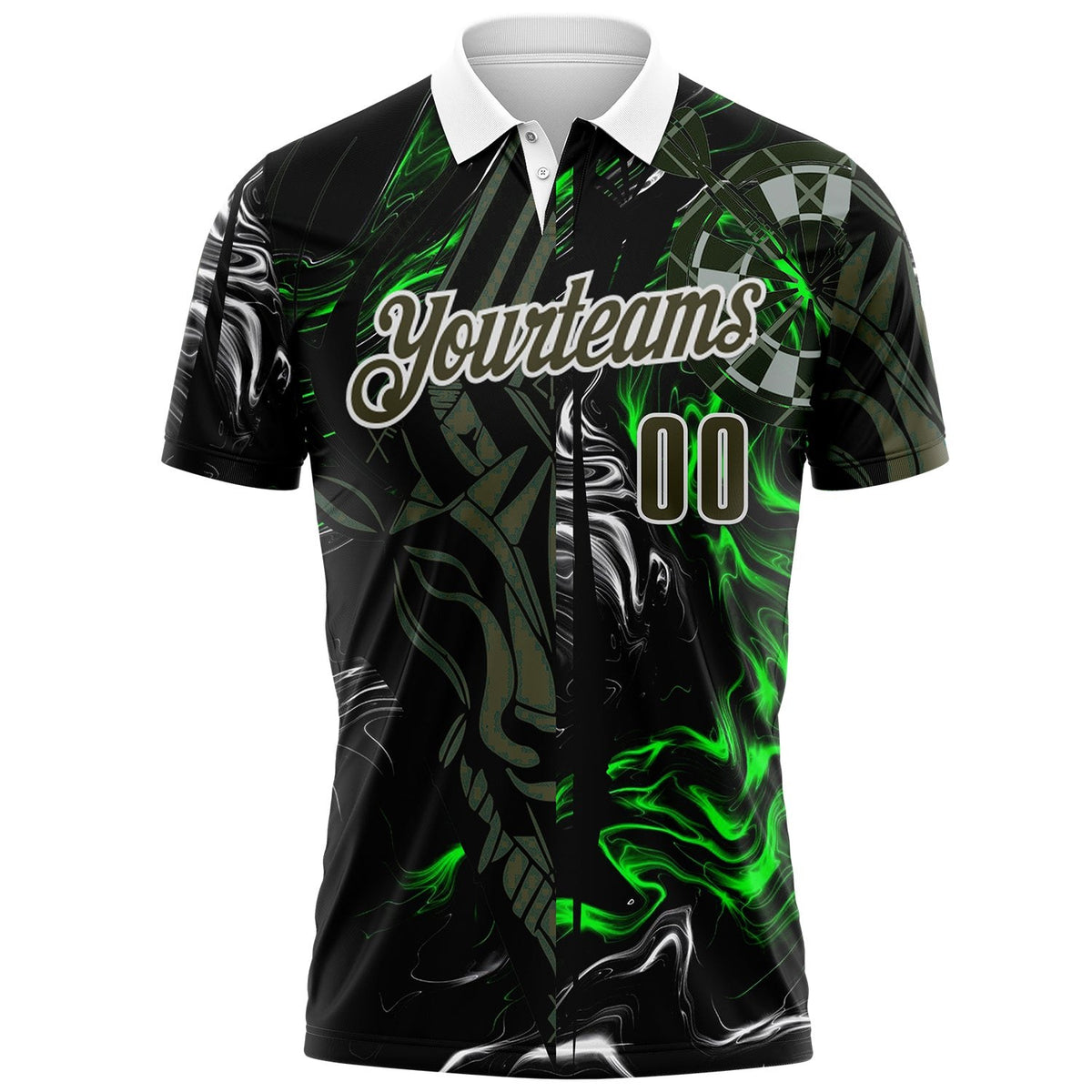 Custom Black Olive Green-White Darts Gothic Deer Dartboard Performance Polo Shirt photo 2