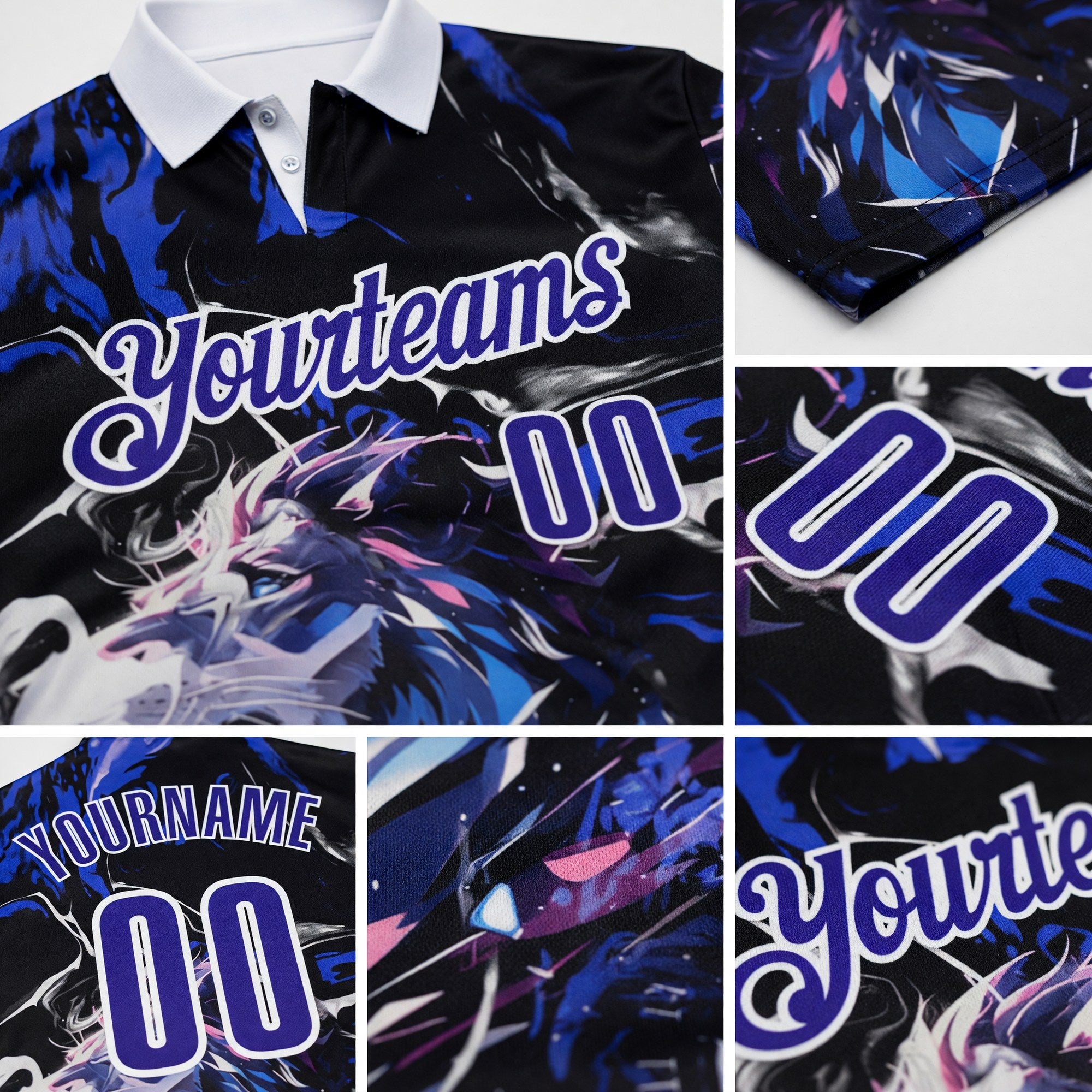 Custom Black Dark Purple-White Darts Lion Dartboard Performance Polo Shirt detail