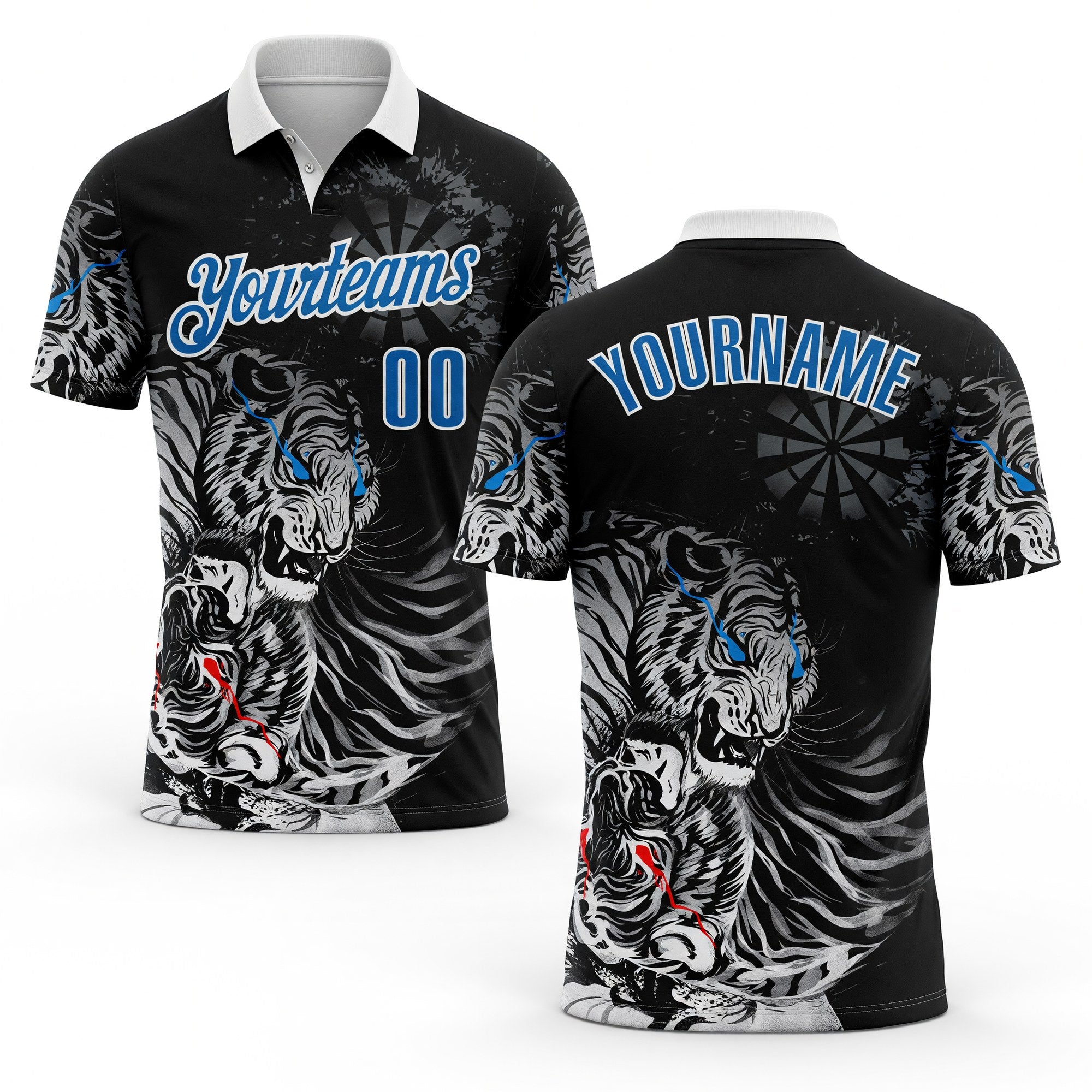 Custom Black Blue-White Darts Tiger Dartboard Performance Polo Shirt