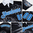Custom Black Blue-White Darts Tiger Dartboard Performance Polo Shirt detail