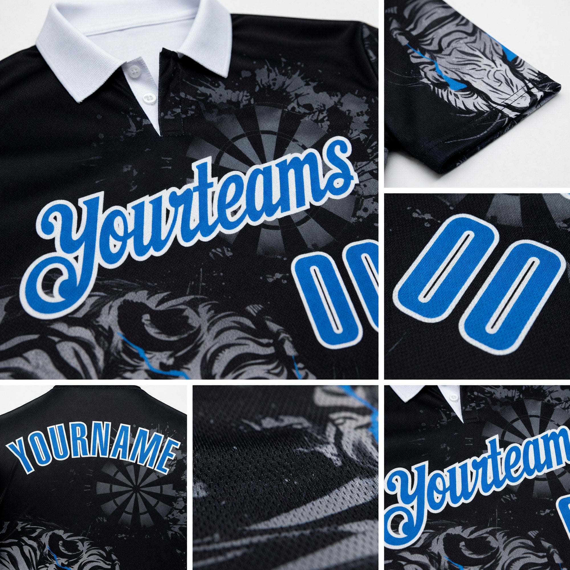 Custom Black Blue-White Darts Tiger Dartboard Performance Polo Shirt detail