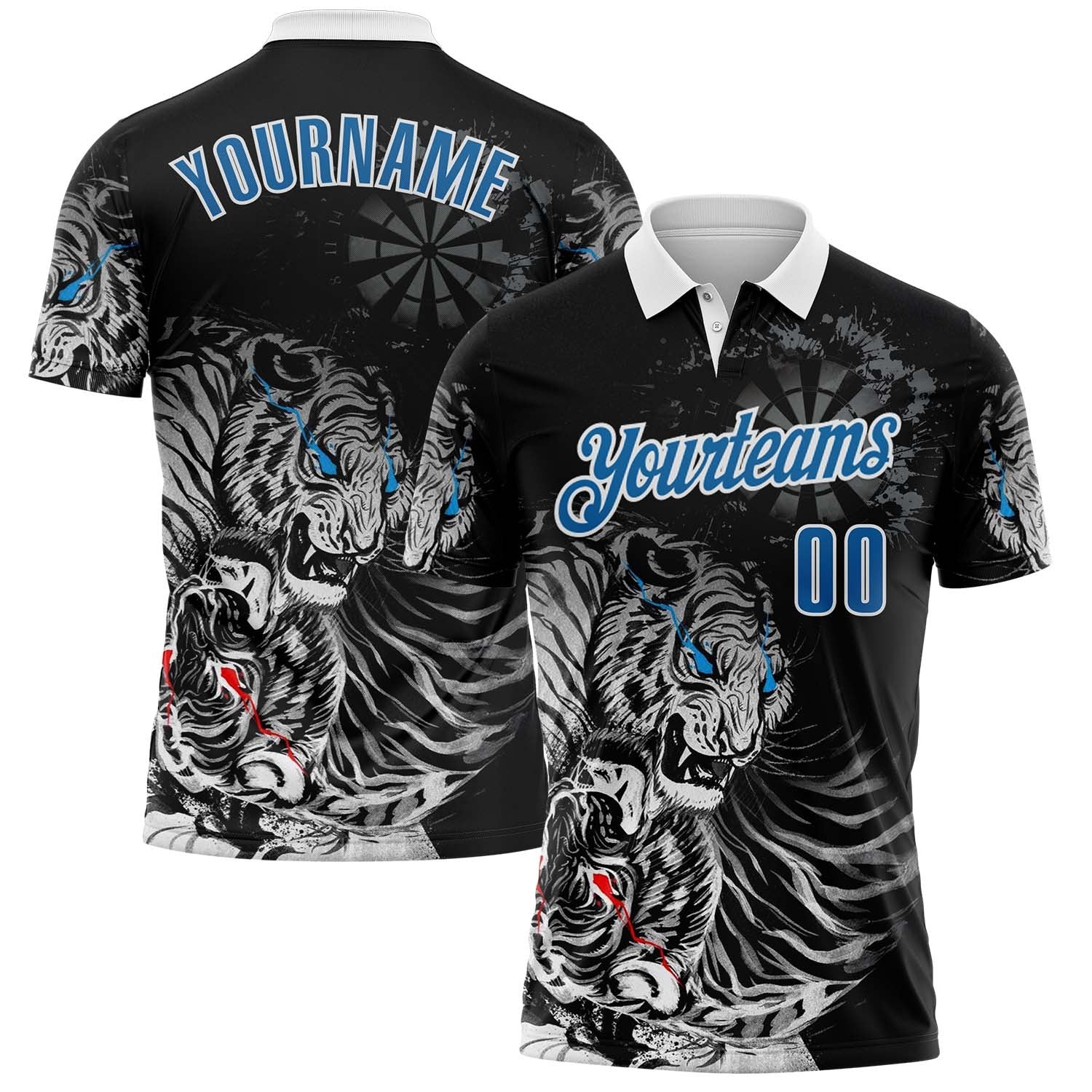 Custom Black Blue-White Darts Tiger Dartboard Performance Polo Shirt photo 1