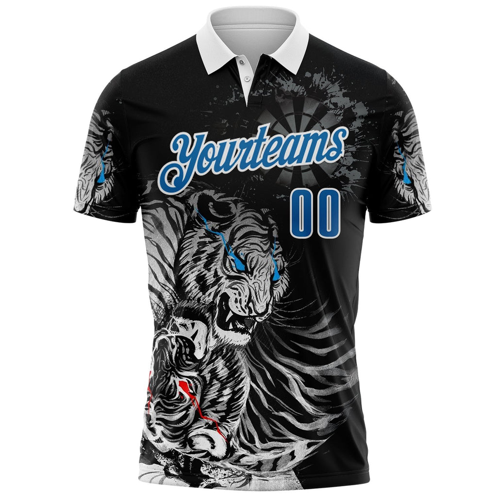 Custom Black Blue-White Darts Tiger Dartboard Performance Polo Shirt photo 2