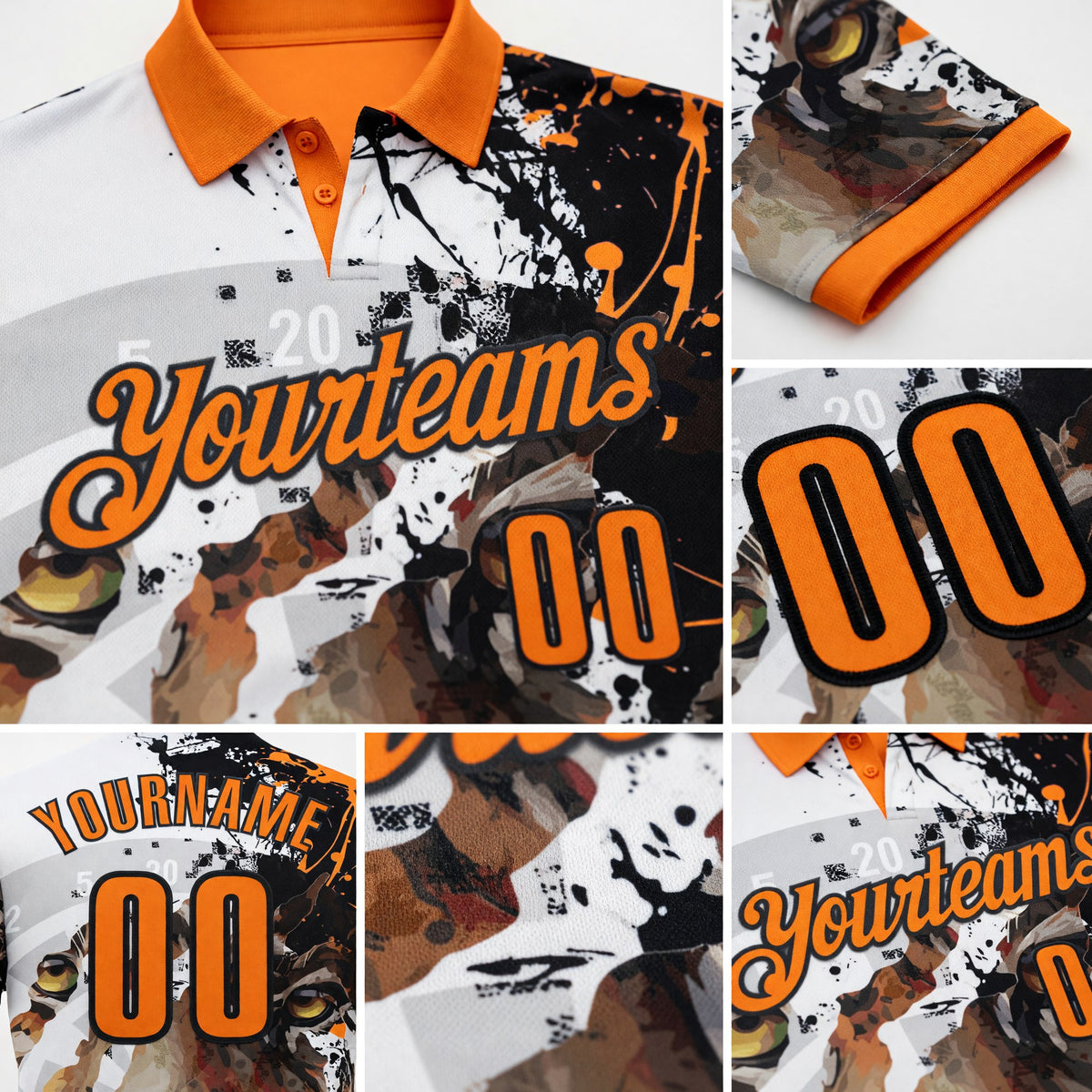 Custom White Bay Orange-Black Darts Tiger Dartboard Performance Polo Shirt detail
