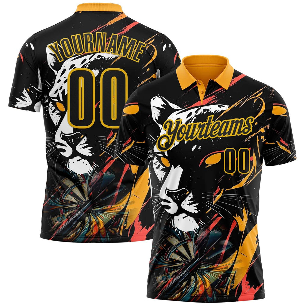 Custom Black-Yellow Darts Leopard Dartboard Performance Polo Shirt photo 1