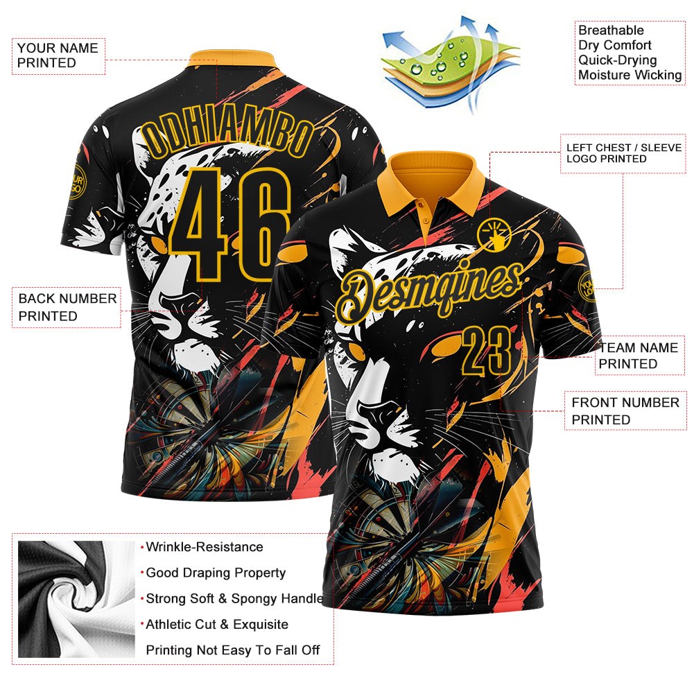 Custom Black-Yellow Darts Leopard Dartboard Performance Polo Shirt photo 3