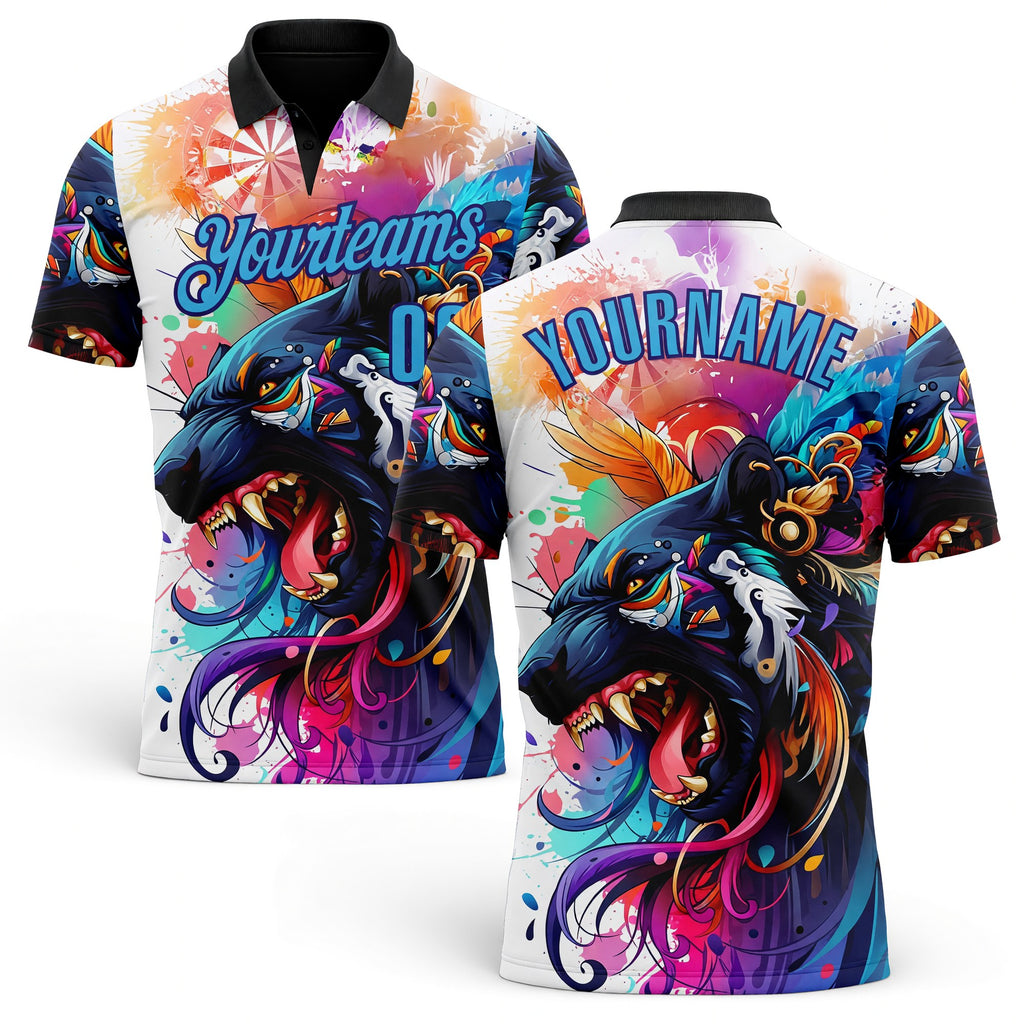 Custom Black Sky Blue-Dark Purple Darts Panther Dartboard Performance Polo Shirt