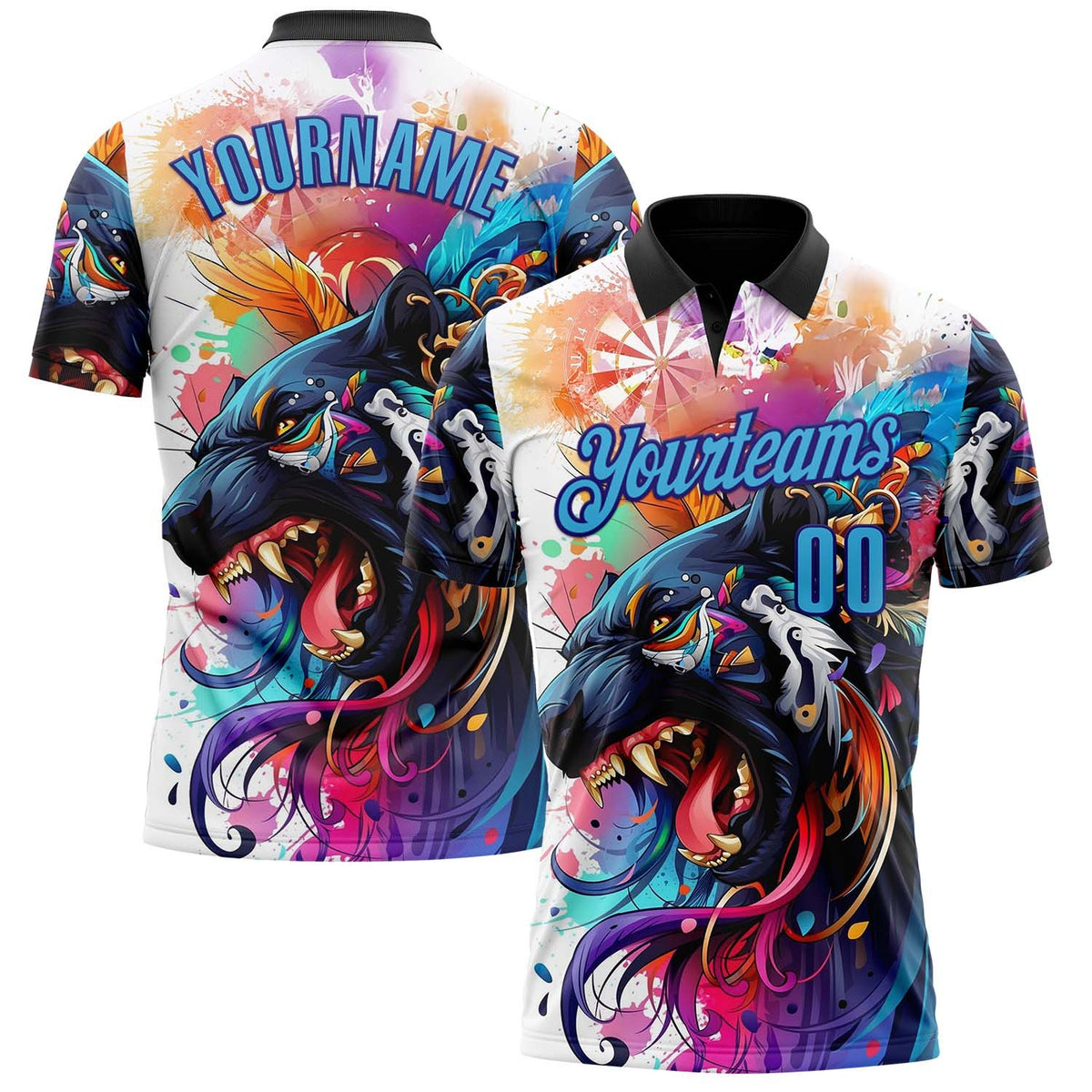 Custom Black Sky Blue-Dark Purple Darts Panther Dartboard Performance Polo Shirt photo 1