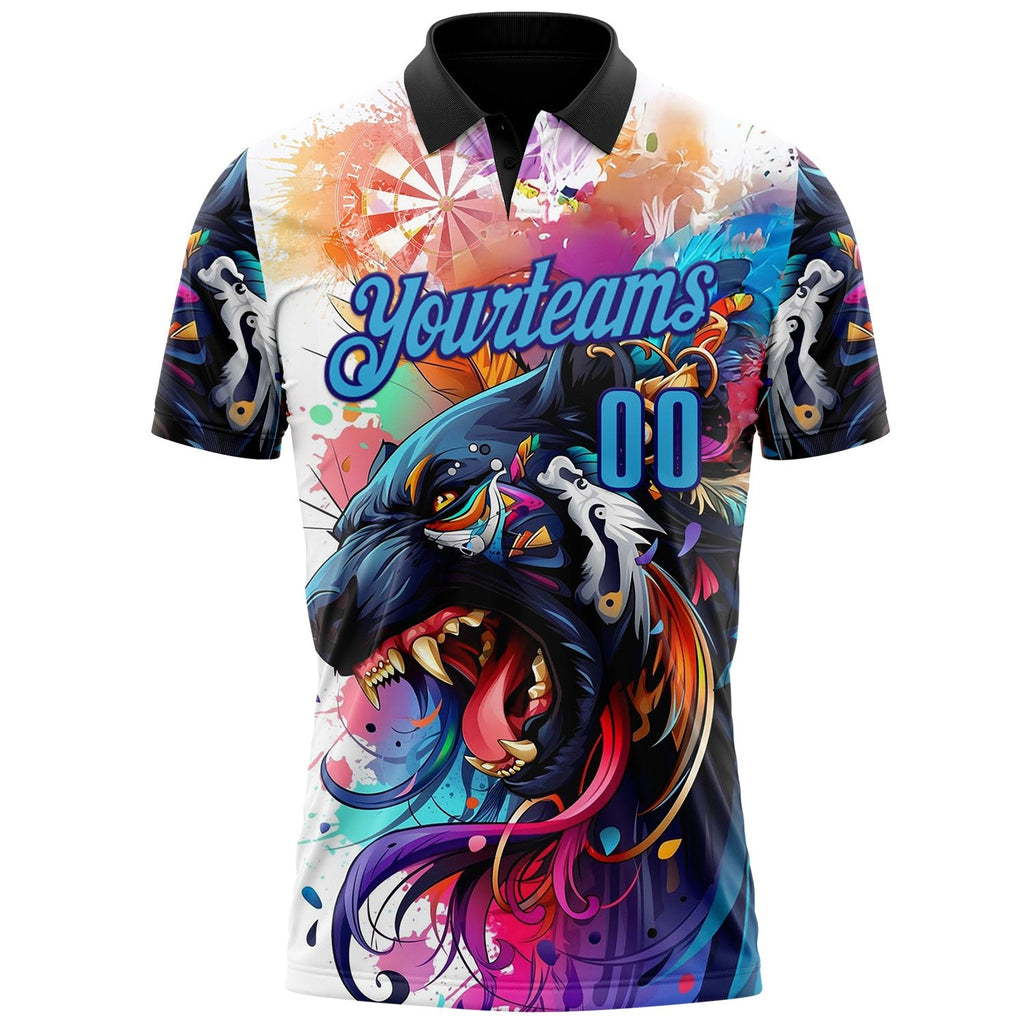 Custom Black Sky Blue-Dark Purple Darts Panther Dartboard Performance Polo Shirt photo 2
