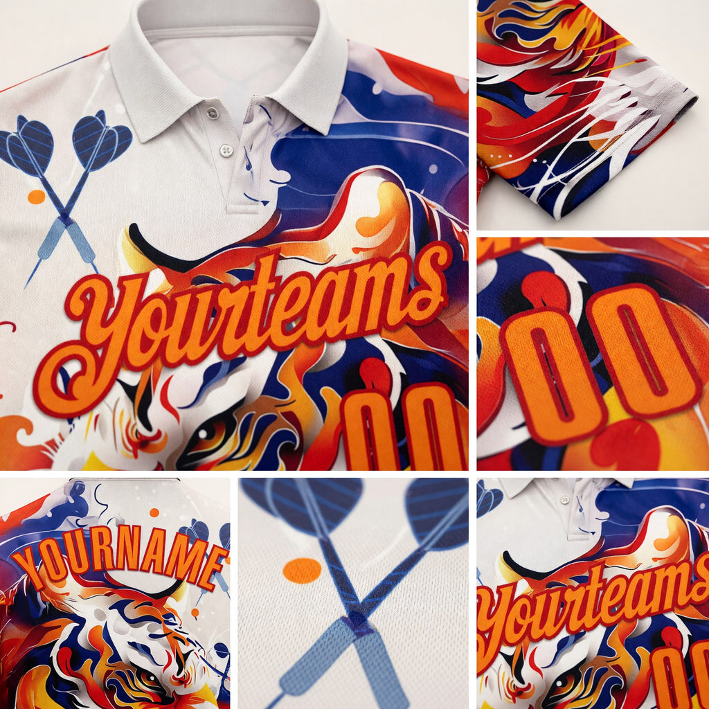 Custom Cream Bay Orange-Red Darts Tiger Fire Dartboard Performance Polo Shirt detail