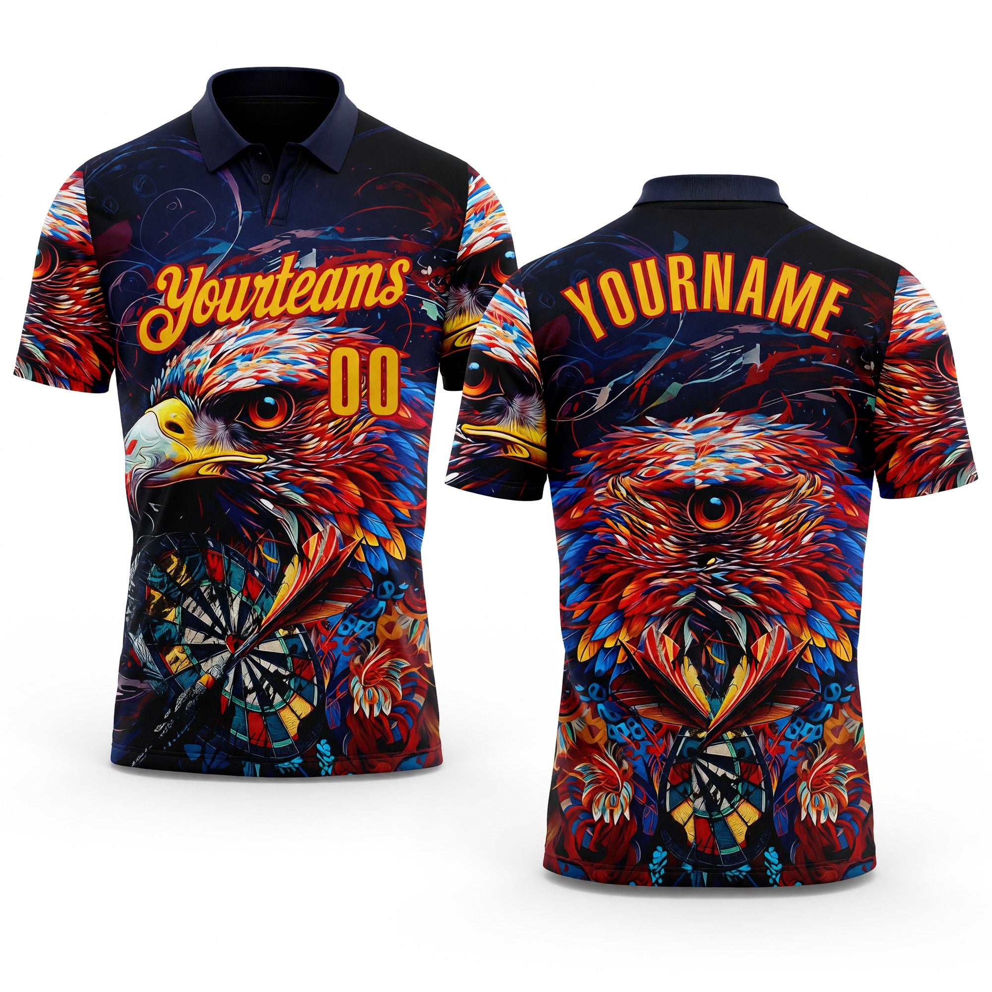 Custom Black Yellow-Red Darts Eagle Dartboard Performance Polo Shirt