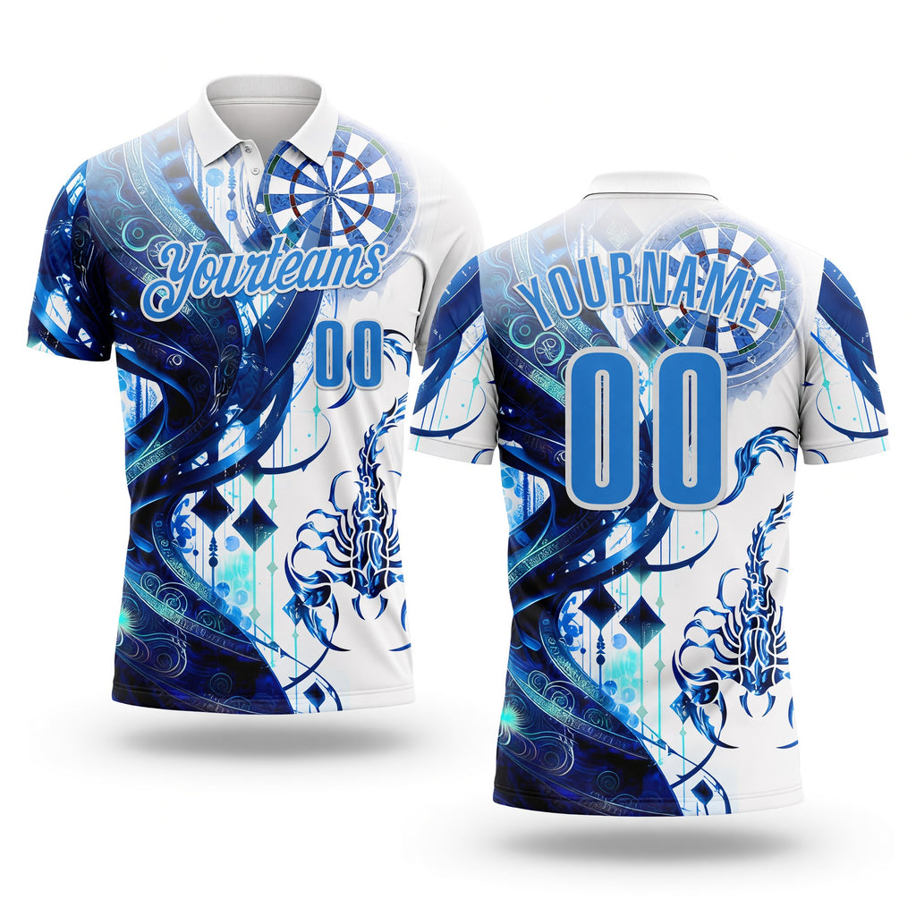 Custom White-Powder Blue Darts Scorpion Dartboard Performance Polo Shirt