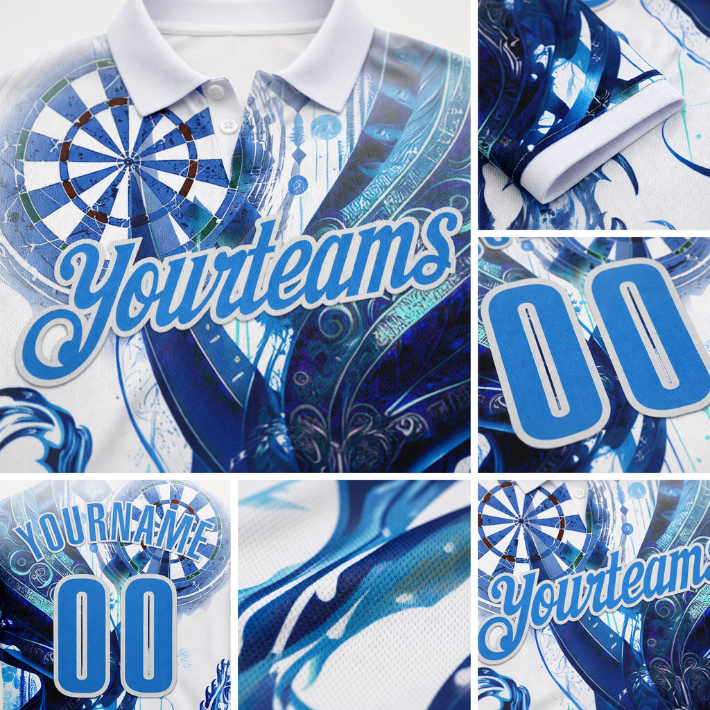 Custom White-Powder Blue Darts Scorpion Dartboard Performance Polo Shirt detail