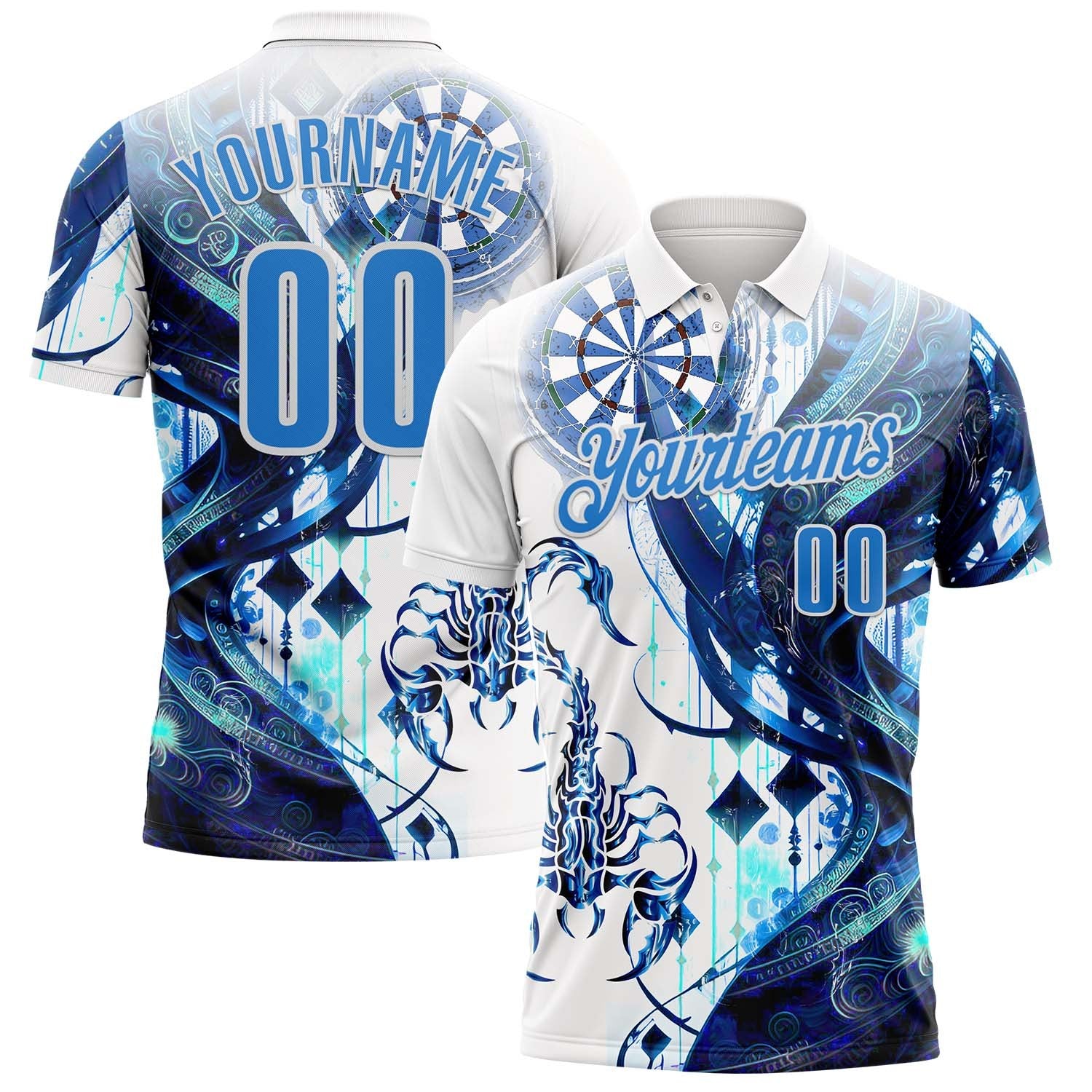 Custom White-Powder Blue Darts Scorpion Dartboard Performance Polo Shirt photo 1